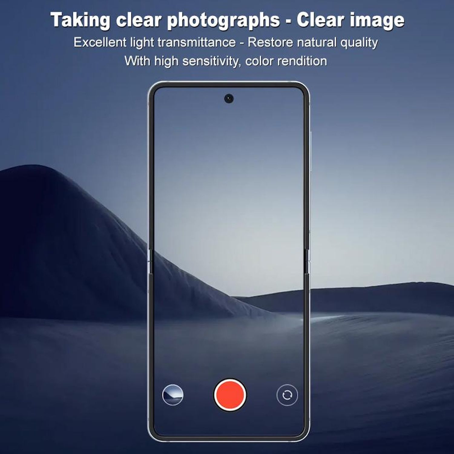 Lo schermo di uno smartphone mostra un paesaggio. Lo schermo mostra un'interfaccia della fotocamera con i controlli di registrazione. Il testo in alto dice: Scattare foto nitide.