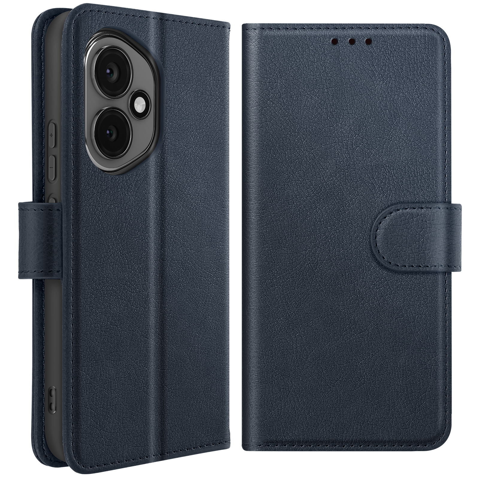 Una custodia per telefono blu scuro con ritagli per la fotocamera, aperta per rivelare il telefono. La custodia è in pelle strutturata.