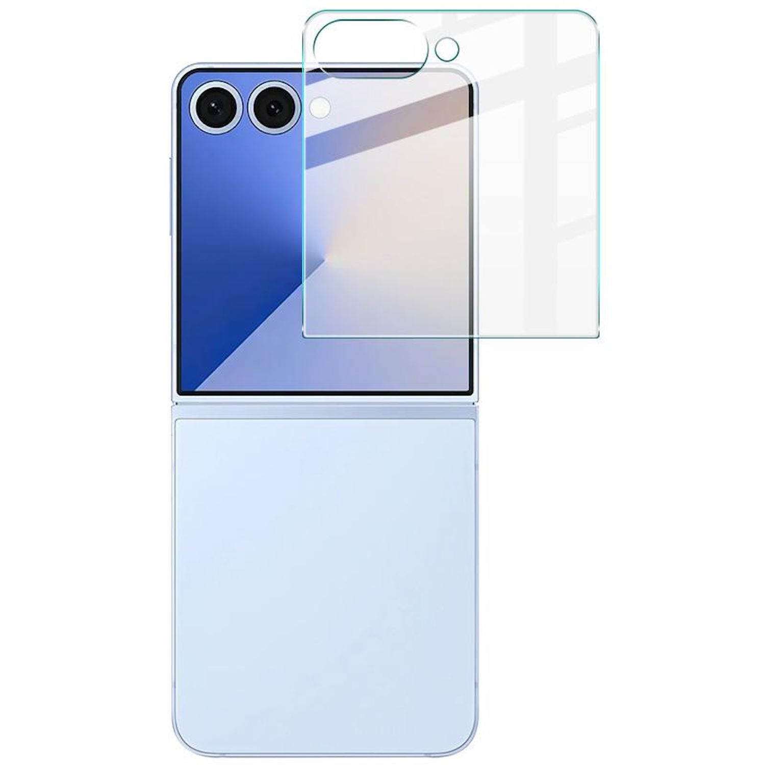 Ein faltbares Smartphone in Hellblau. Ein Displayschutz ist oben platziert. Es hat zwei Kameras.