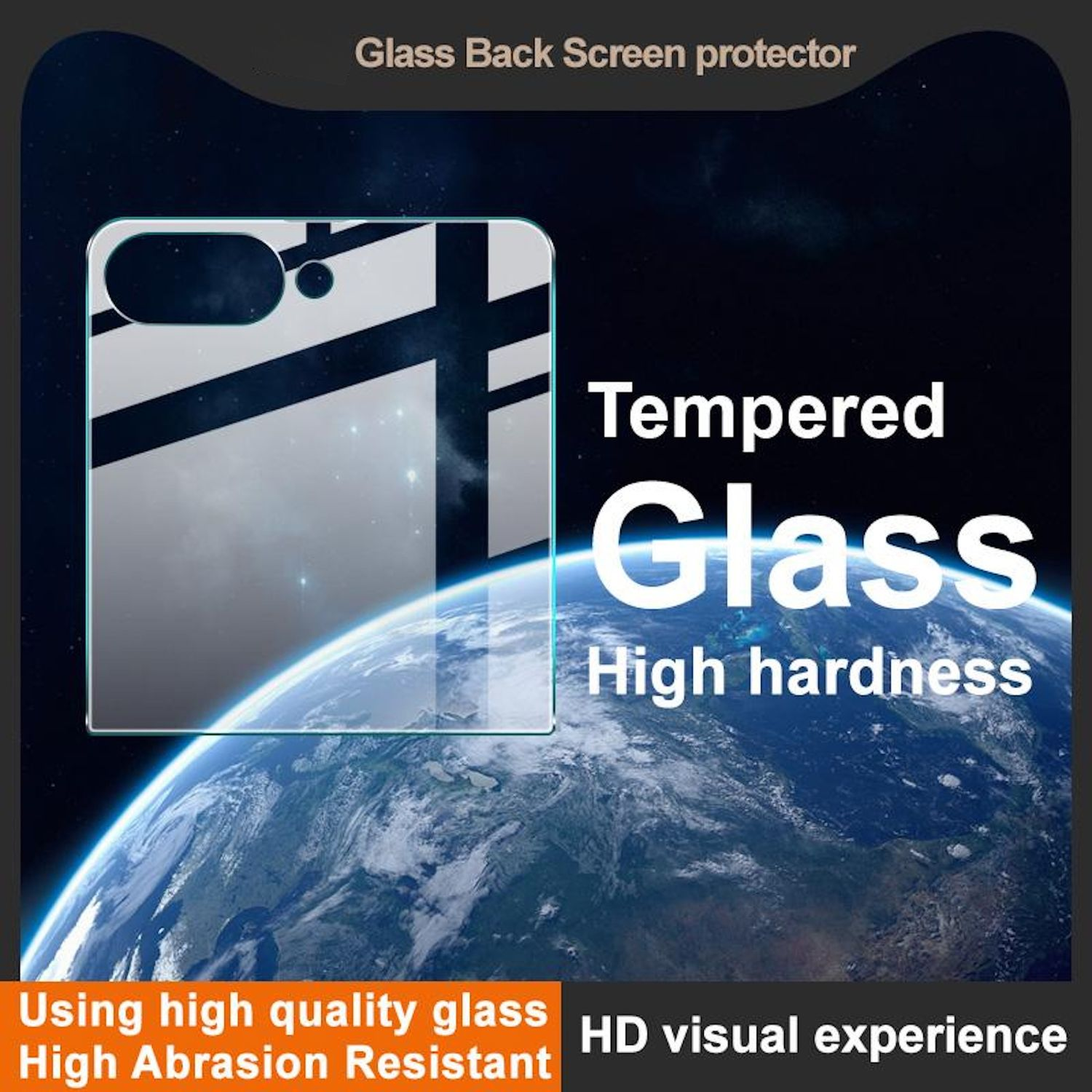 Das Bild zeigt einen Displayschutz über der Erde. Der Text hebt gehärtetes Glas, hohe Härte und hochwertiges Glas mit HD-Bilderlebnis hervor.