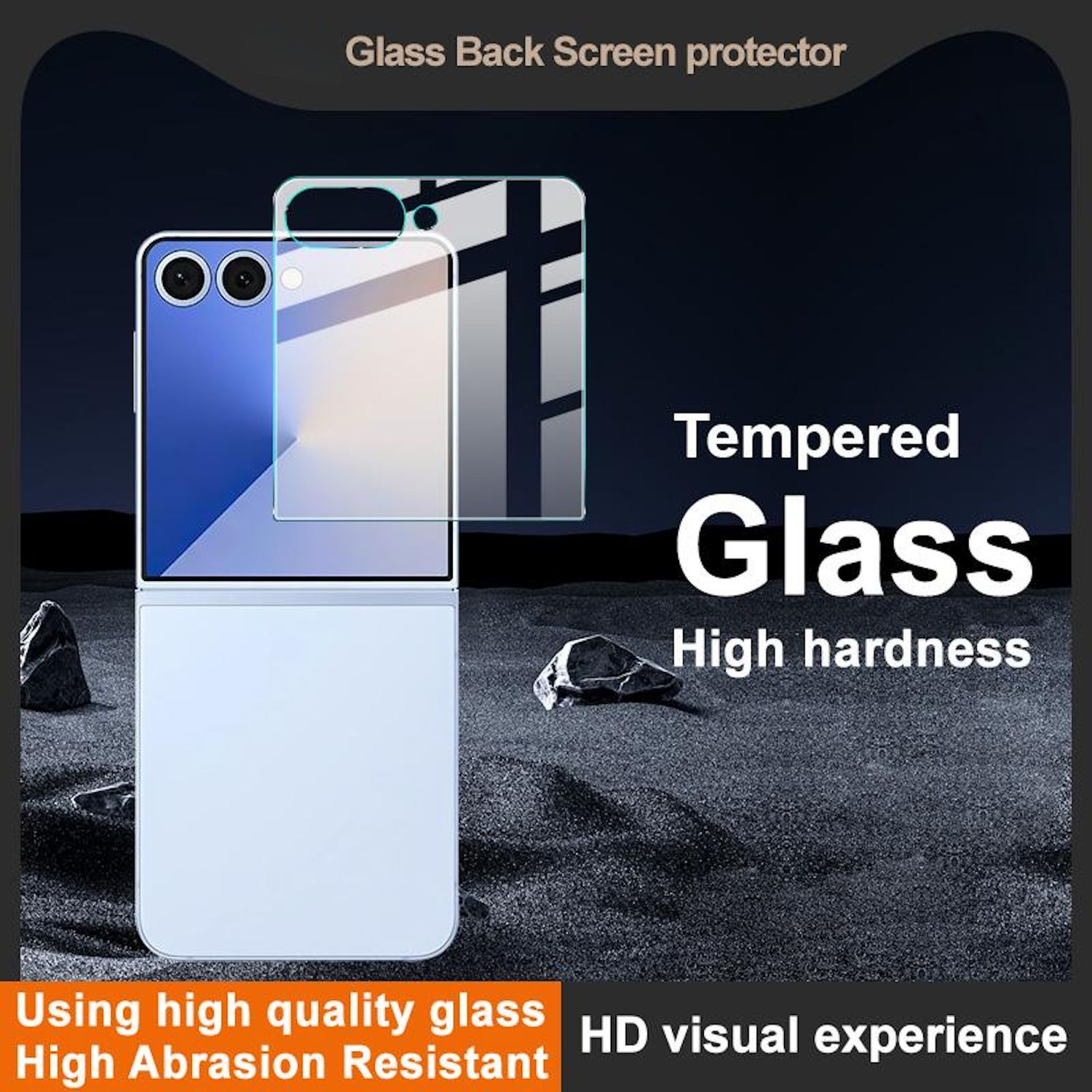 Ein Telefon mit Displayschutz. Text lautet 'Tempered Glass'. Außerdem 'HD-visuelles Erlebnis' und 'Hohe Abriebfestigkeit'.