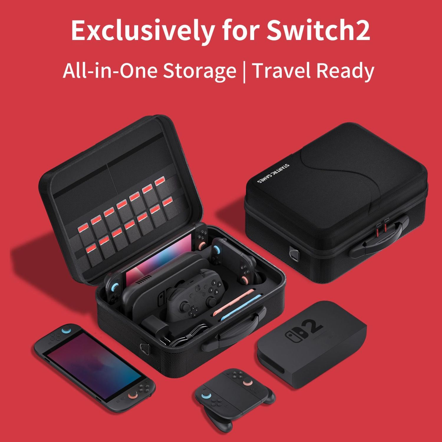 Eine offene, schwarze Hülle mit Switch2 im Inneren und anderem Spielzubehör. Außerdem gibt es eine geschlossene Hülle und eine Switch2-Dockingstation auf rotem Grund.