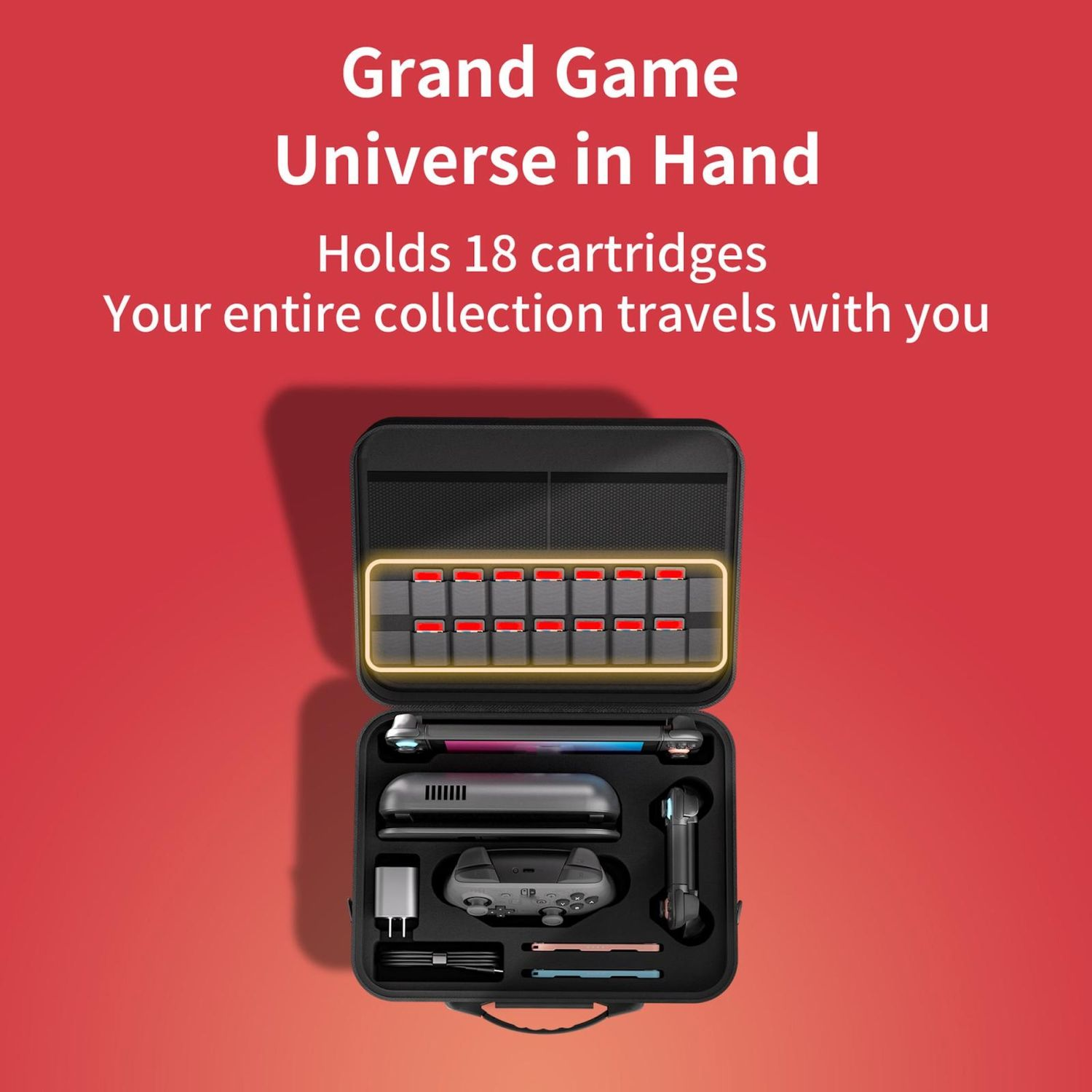 Schwarze Tasche geöffnet, mit Spielpatronen und Zubehör. Roter Hintergrund mit weißem Text: 'Grand Game Universe in Hand'.