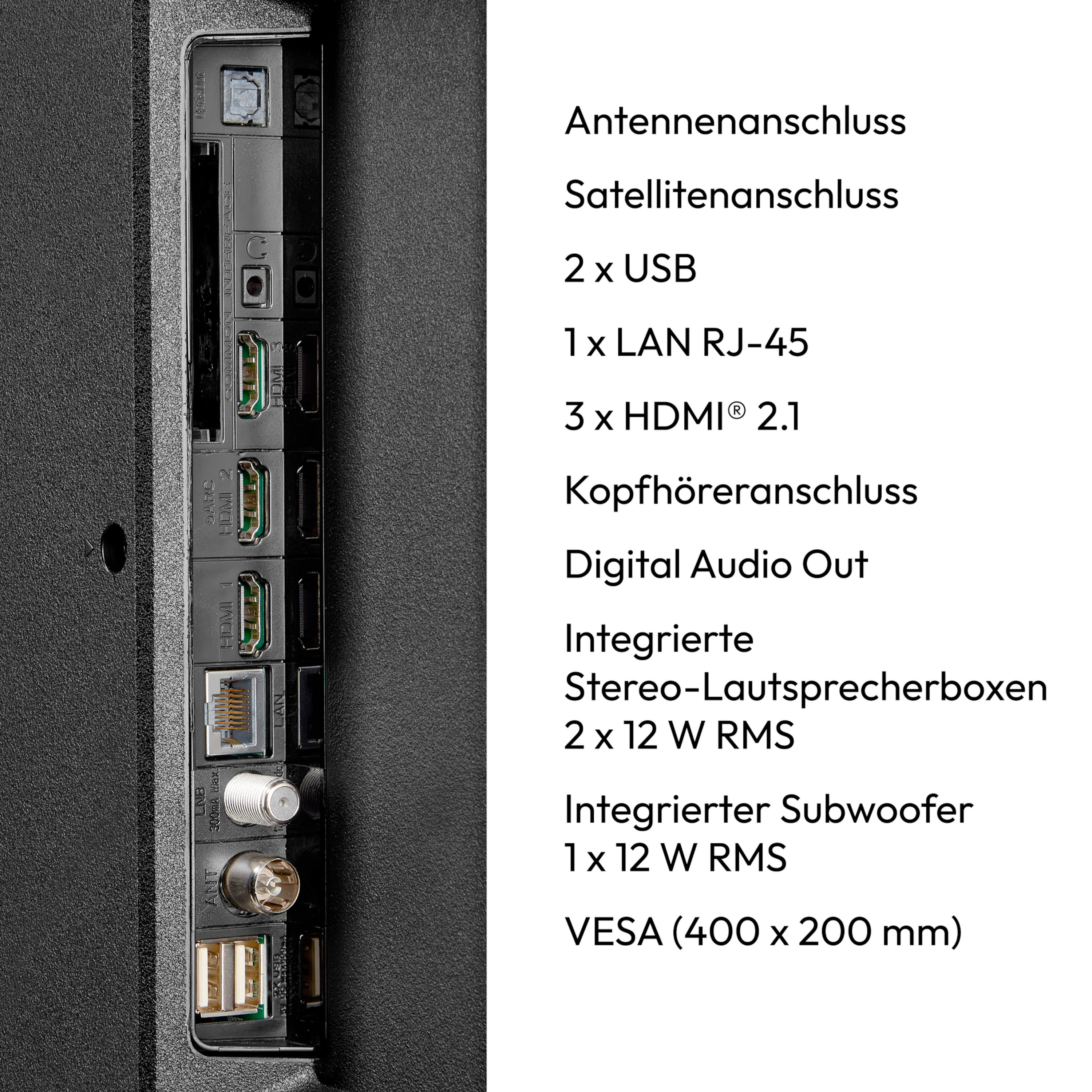 Nahaufnahme der Anschlüsse eines Fernsehers. Anschlüsse umfassen Antenne, Satellit, USB, LAN, HDMI, Audioausgang und Kopfhörer.