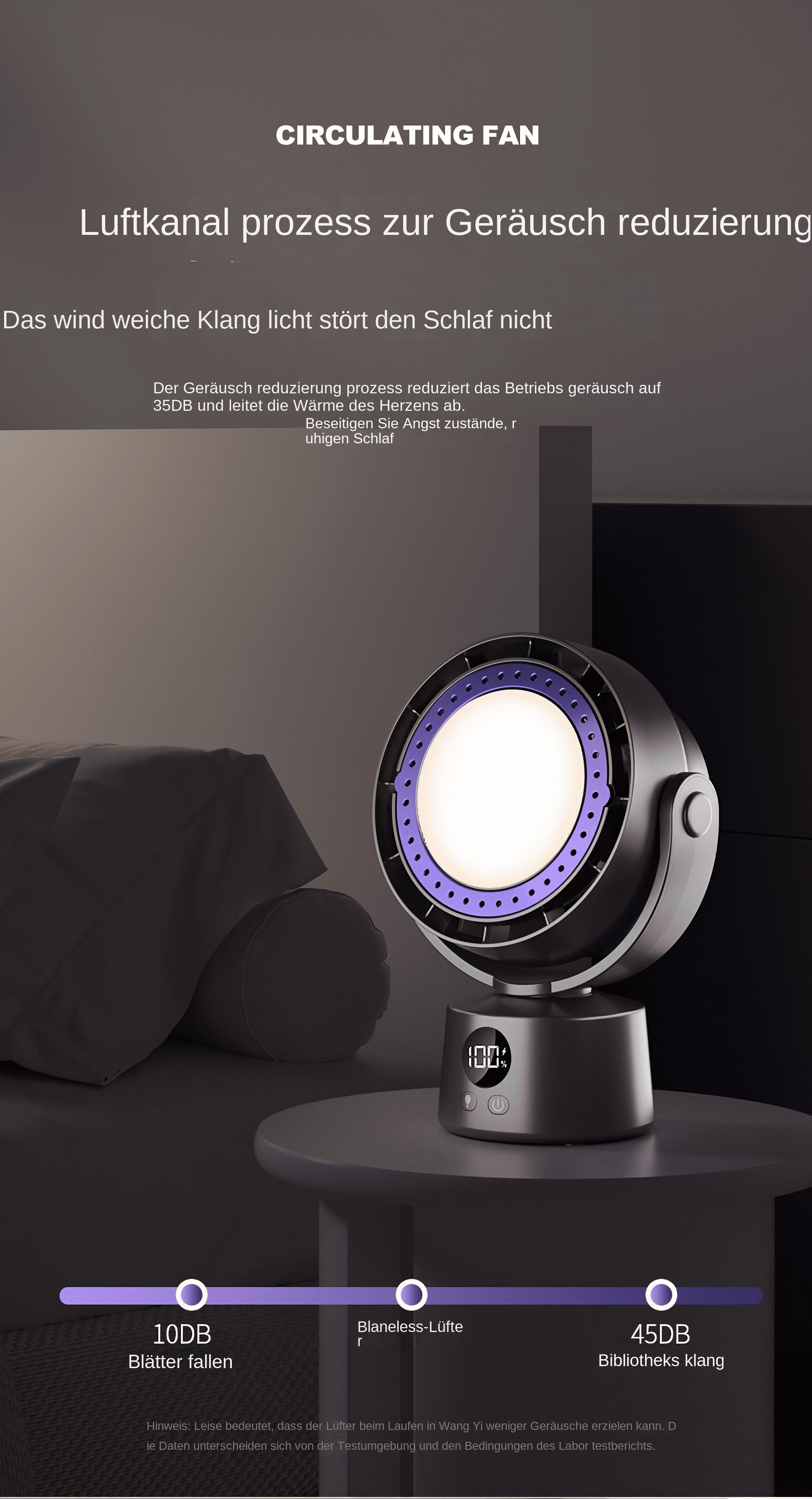 Ein Umluftventilator steht auf einem Tisch. Er hat ein Licht, eine Digitalanzeige und steht neben einem Bett.