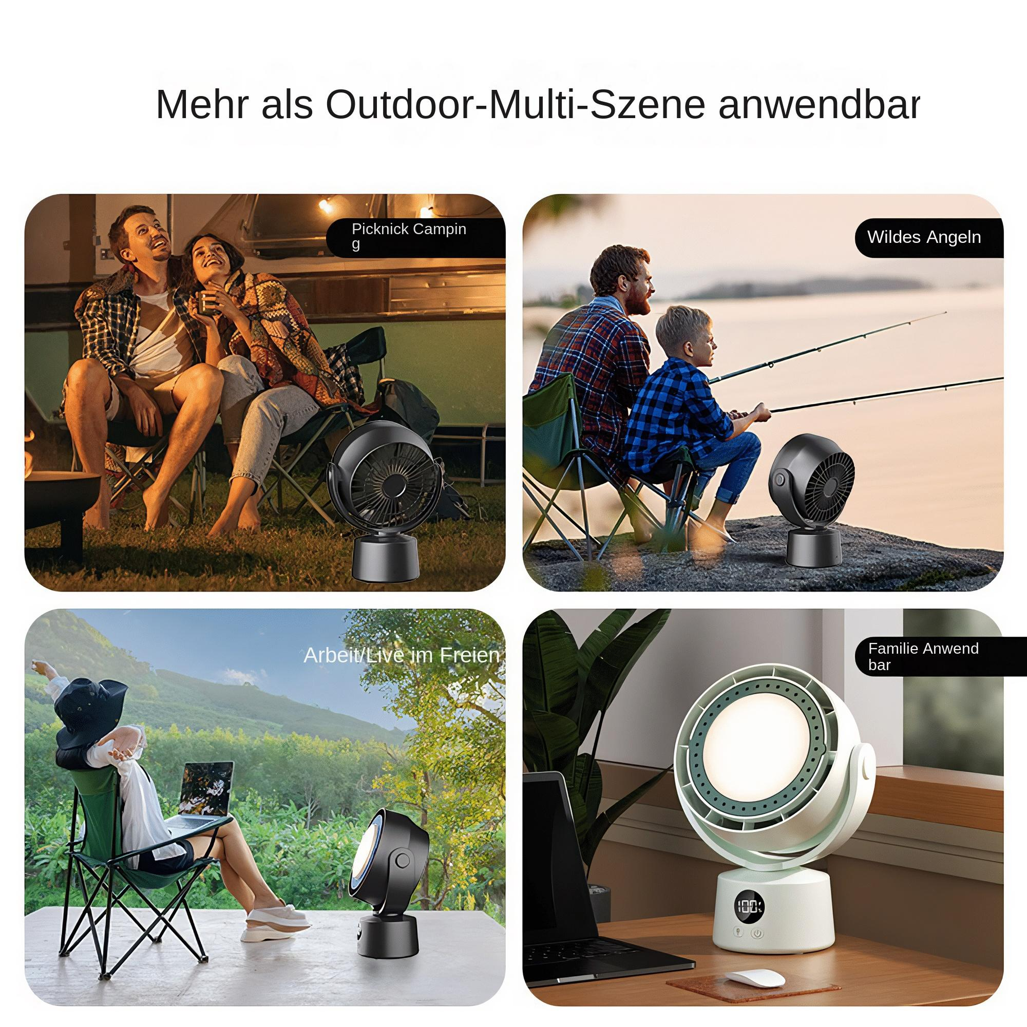 Das Bild zeigt verschiedene Outdoor-Szenarien mit einem Ventilator, darunter Camping, Angeln, Arbeiten und Familienzeit.