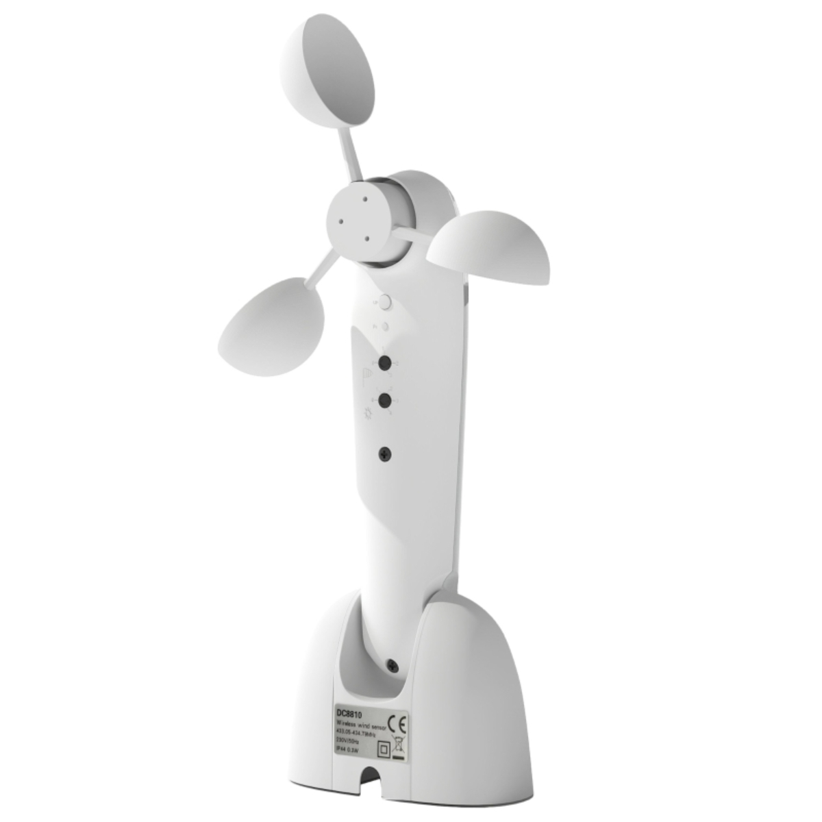 Ein weißer Windsensor. Er hat drei becherförmige Flügel und einen Sockel mit Etikett. Knöpfe und eine kleine LED am Gehäuse.