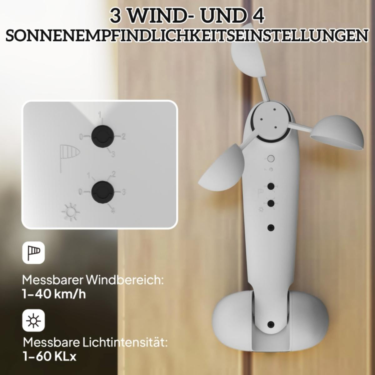 Ein weißes Anemometer mit kleinem Display und Text auf Deutsch. Es zeigt Windgeschwindigkeit und Lichteinstellungen. Hintergrund ist Holz.