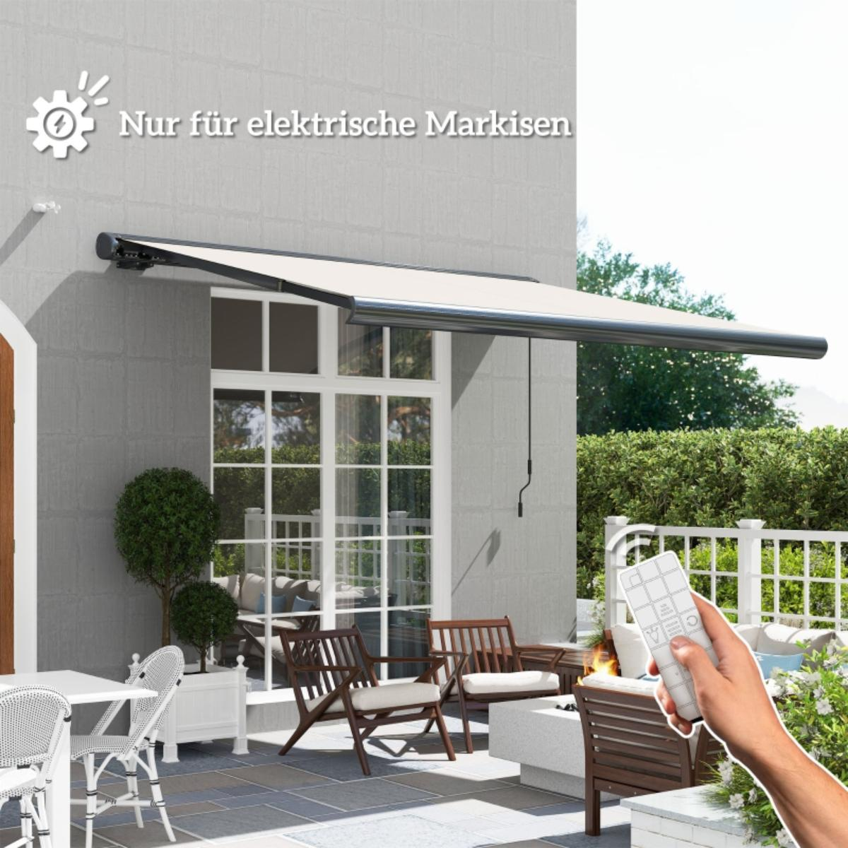 Eine Hand hält eine Fernbedienung für eine weiße Markise. Stühle und ein Tisch stehen auf einer Terrasse. Grüne Büsche und ein weißer Zaun im Hintergrund.