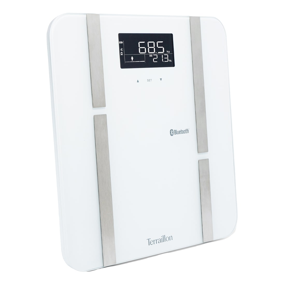 Biała waga cyfrowa z wyświetlaczem pokazującym 68,5 kg i 21,3%. Posiada Bluetooth, srebrne paski i markę 'Terraillon'.