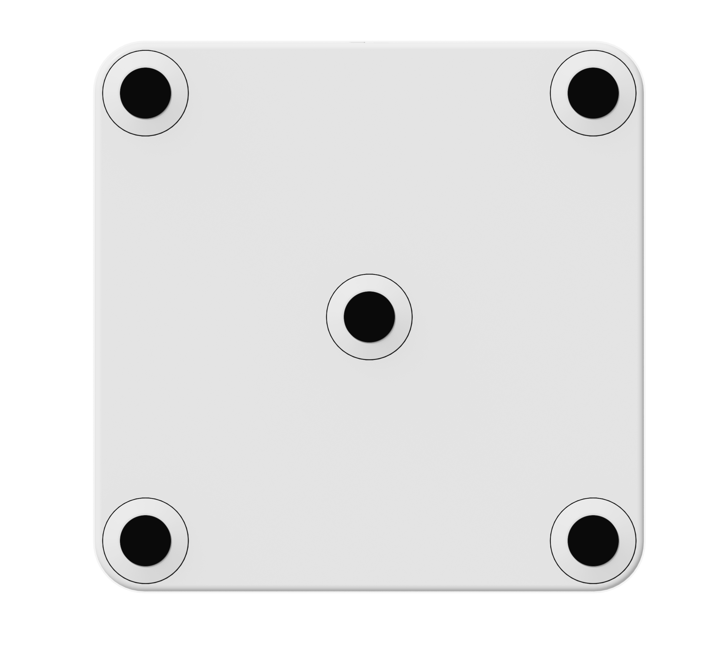 Biały kwadrat z zaokrąglonymi rogami. Ma pięć czarnych kół. Jedno na środku i cztery na rogach.