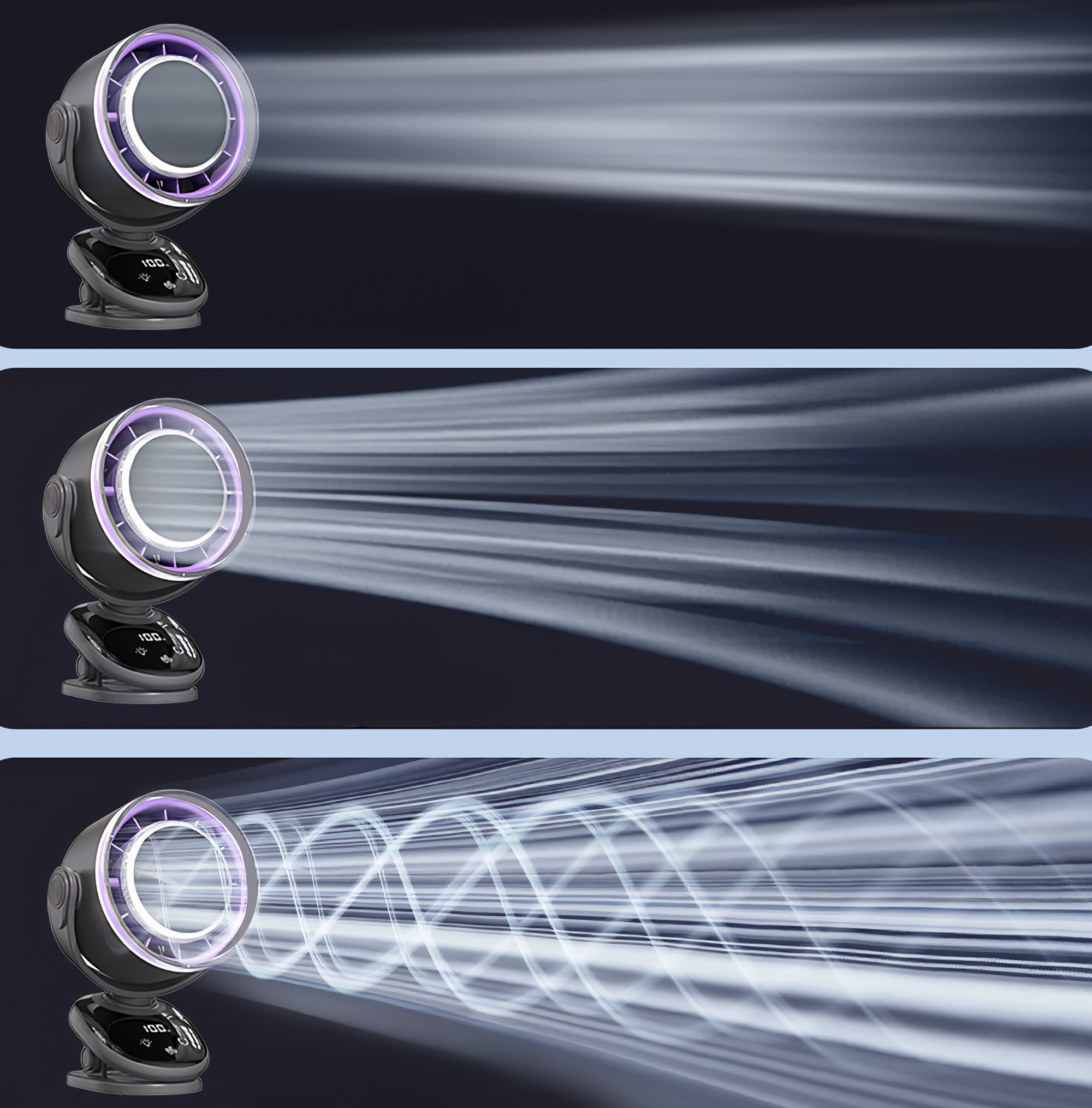 Ein futuristisches schwarzes Gerät emittiert Lichtstrahlen. Es hat einen runden Kopf mit lila Umriss und Digitalanzeige.