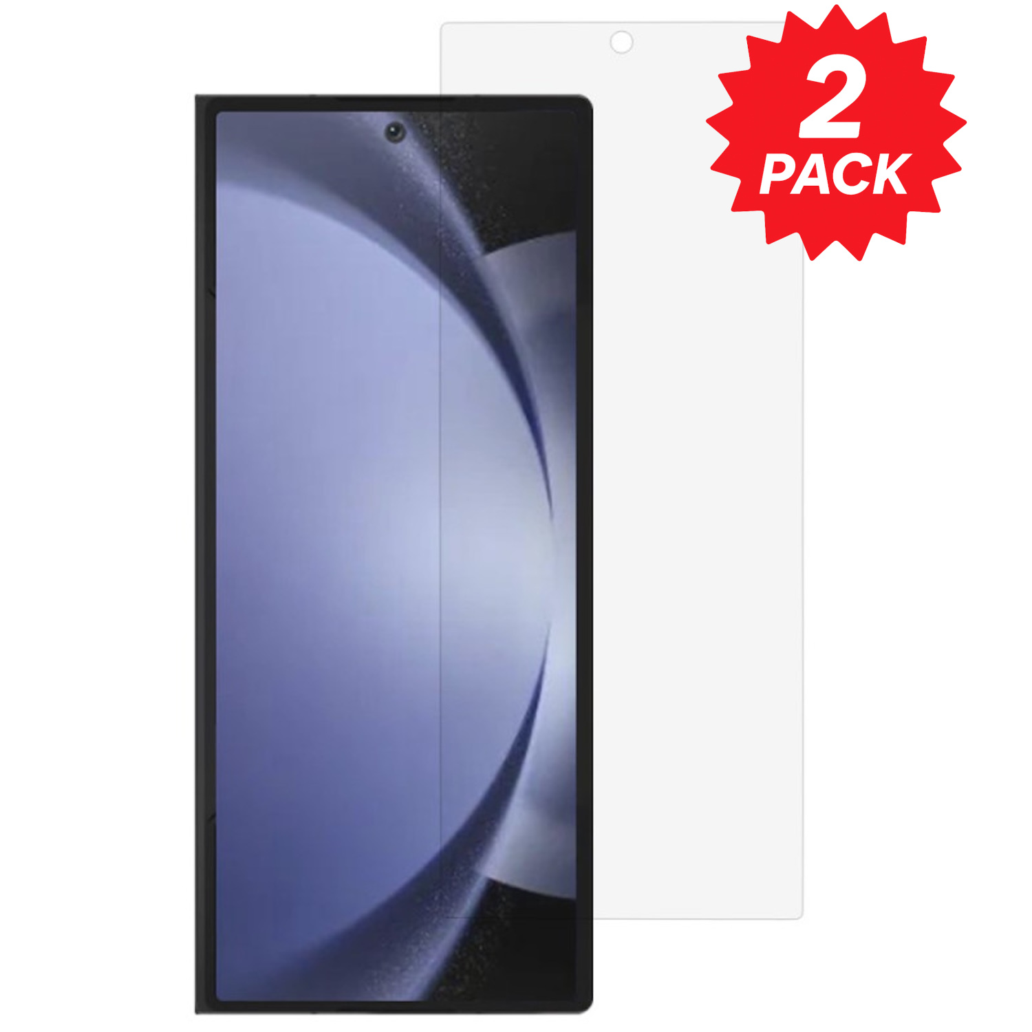 Ein Displayschutz für ein Telefon mit einem Telefon und einem weiteren Schutz. Ein roter '2er-Pack'-Aufkleber befindet sich im Hintergrund. Weißer Hintergrund.