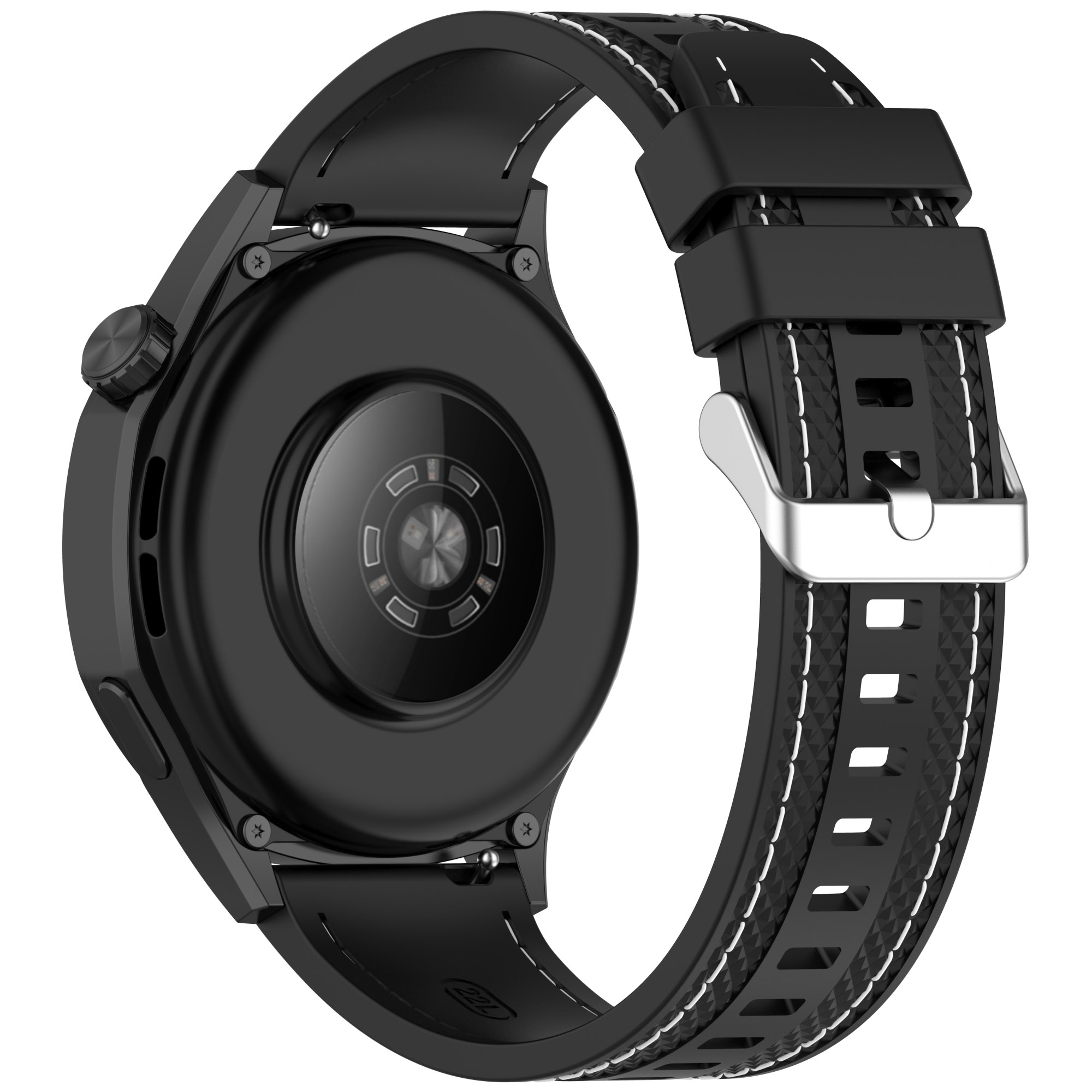Schwarze Smartwatch-Rückseite mit Armband. Das Armband ist schwarz mit weißen Nähten und einem silbernen Verschluss. Mit Herzfrequenzsensor.