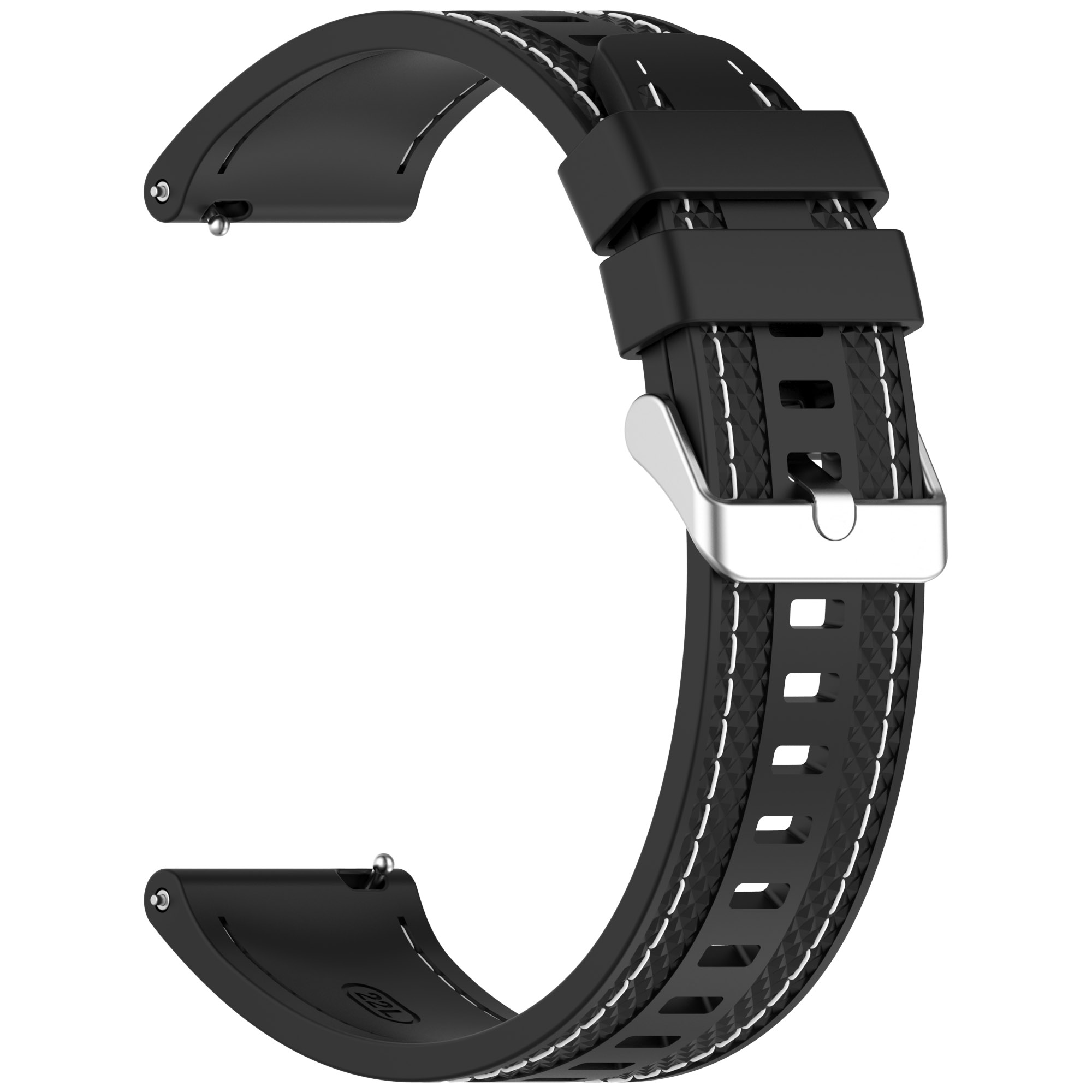 Schwarzes Uhrenarmband mit weißen Nähten. Mit silberner Schnalle. Das Armband ist strukturiert.