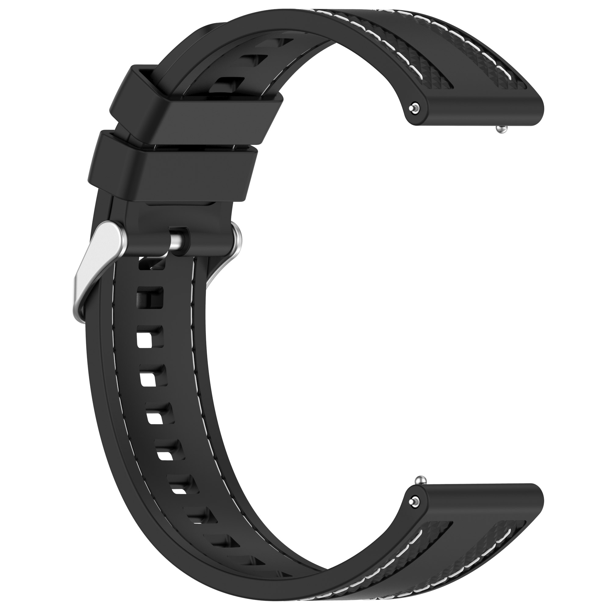 Schwarzes Uhrenarmband mit weißen Nähten. Es hat eine silberne Schließe und ein gebogenes Design. Isoliert auf weißem Hintergrund.