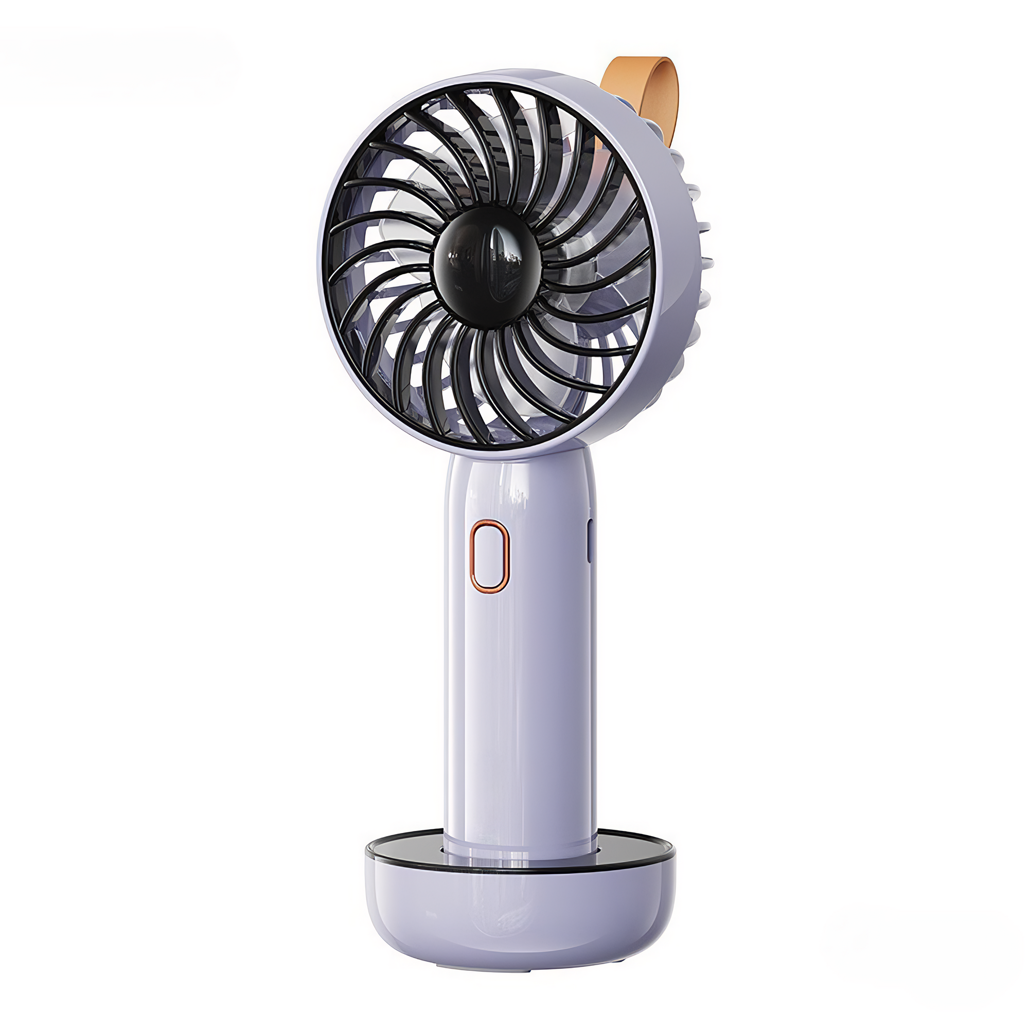 Ein lila tragbarer Ventilator mit schwarzem Schutzgitter und Flügeln. Er hat einen Griff und eine Basis. Ein kleiner orangefarbener Knopf ist sichtbar.