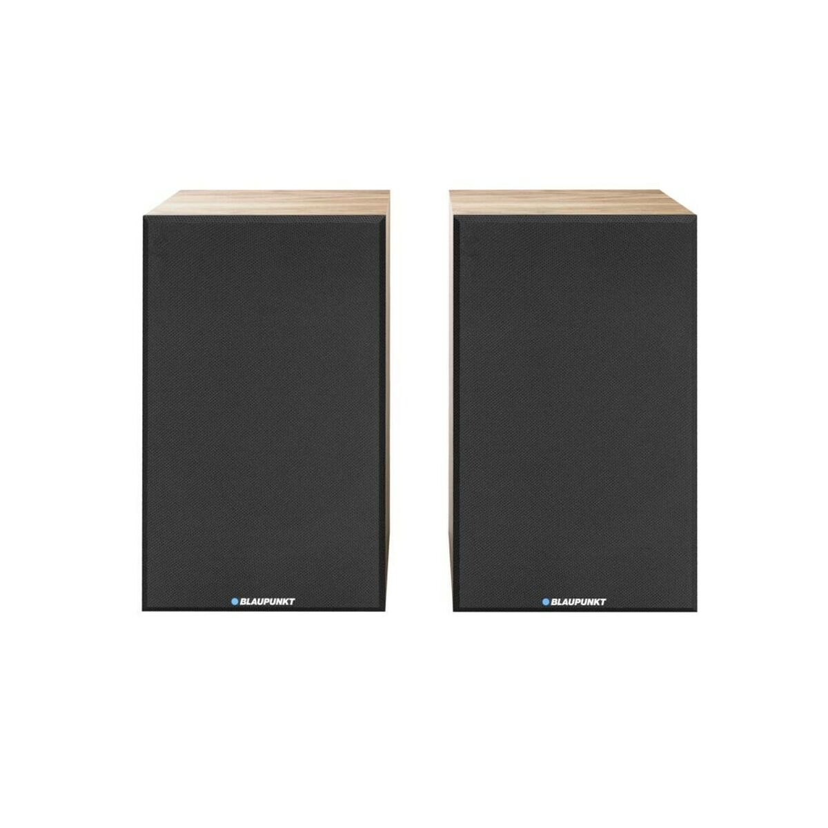 Due altoparlanti Blaupunkt neri con piani in legno, affiancati, su sfondo bianco. Il logo Blaupunkt è visibile.