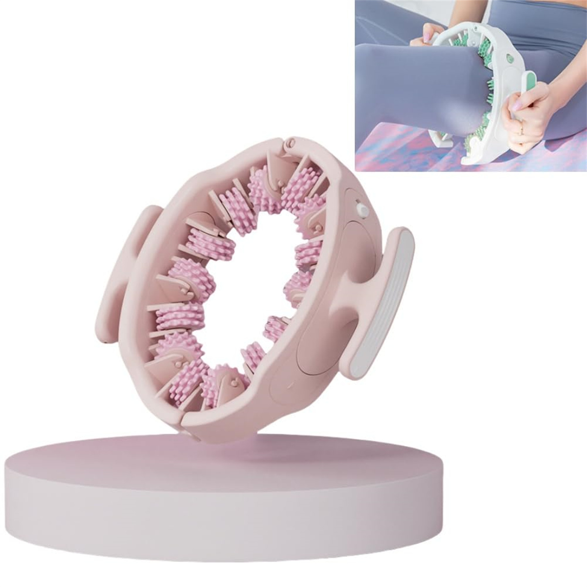 Ein rosa Massagegerät mit Rollen steht auf einem Ständer. Ein kleineres Bild zeigt die Anwendung an einem Bein.