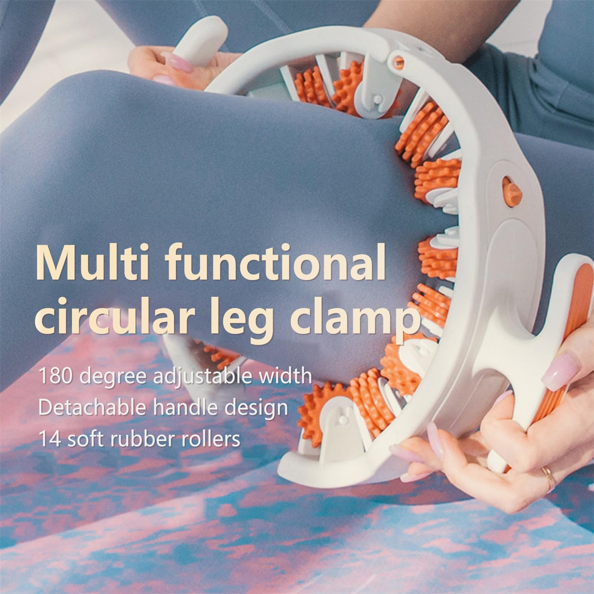 Eine Person benutzt eine weiß-orangefarbene Bein-Klemme mit Rollen an einem Bein. Text lautet: 'Multi functional circular leg clamp'.