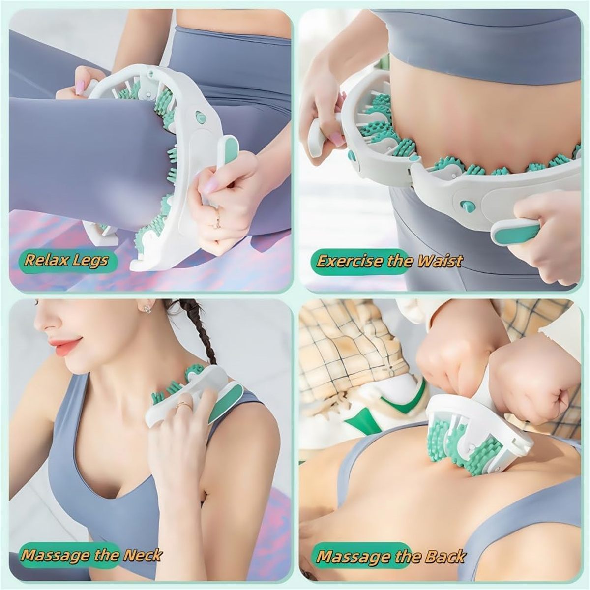 Collage zeigt ein Massagegerät. Es wird an Beinen, Taille, Nacken und Rücken verwendet. Das Werkzeug ist weiß und grün.