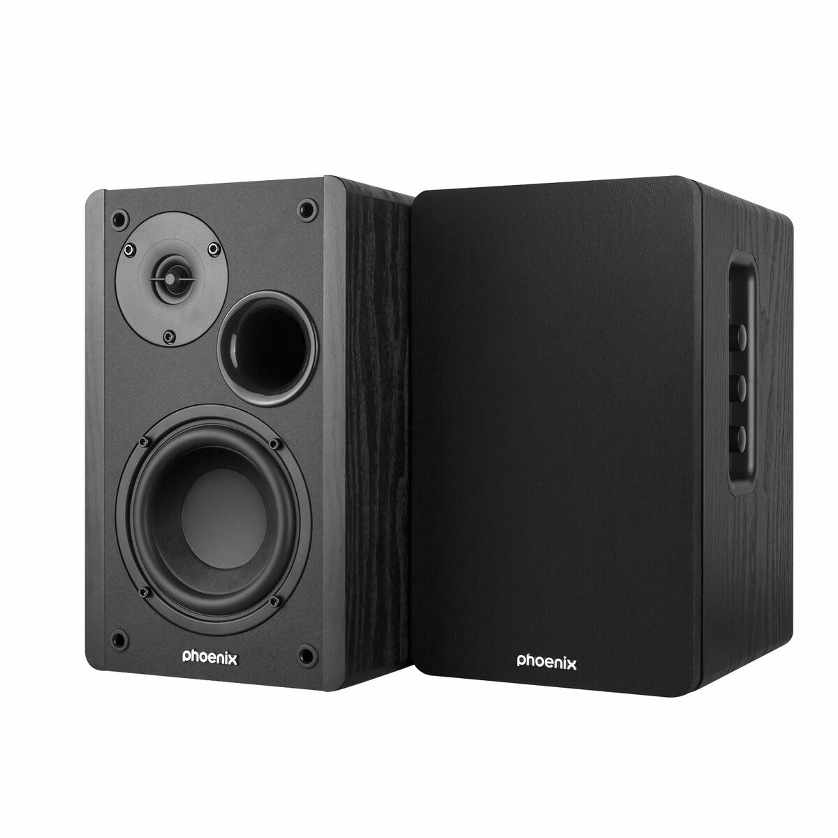 Dos altavoces negros. Uno muestra componentes del altavoz, el otro una superficie lisa. La marca 'phoenix' es visible.