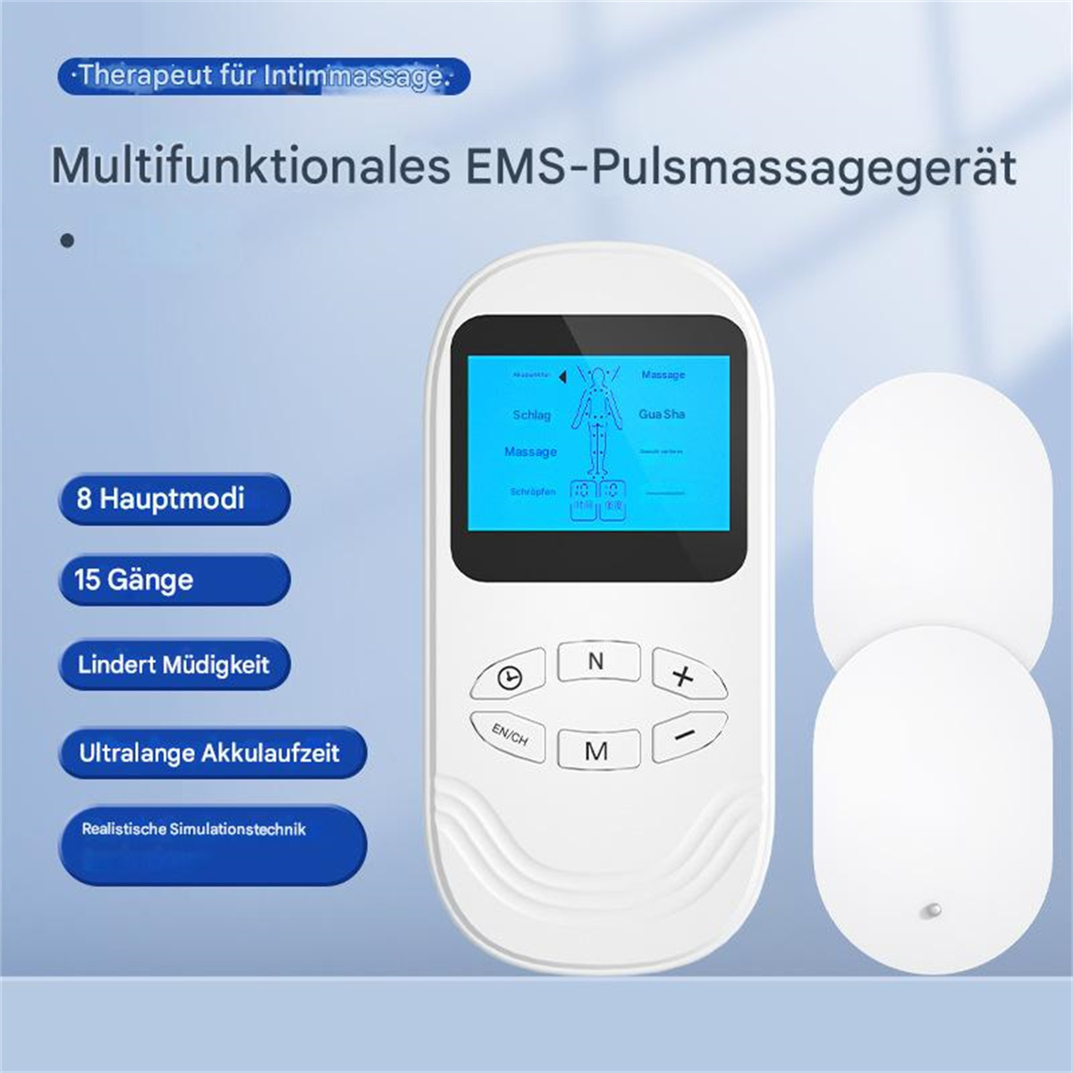 Ein weißes EMS-Pulsmassagegerät mit Bildschirm, der ein menschliches Körperschema und Tasten anzeigt. Enthält zwei weiße Pads.