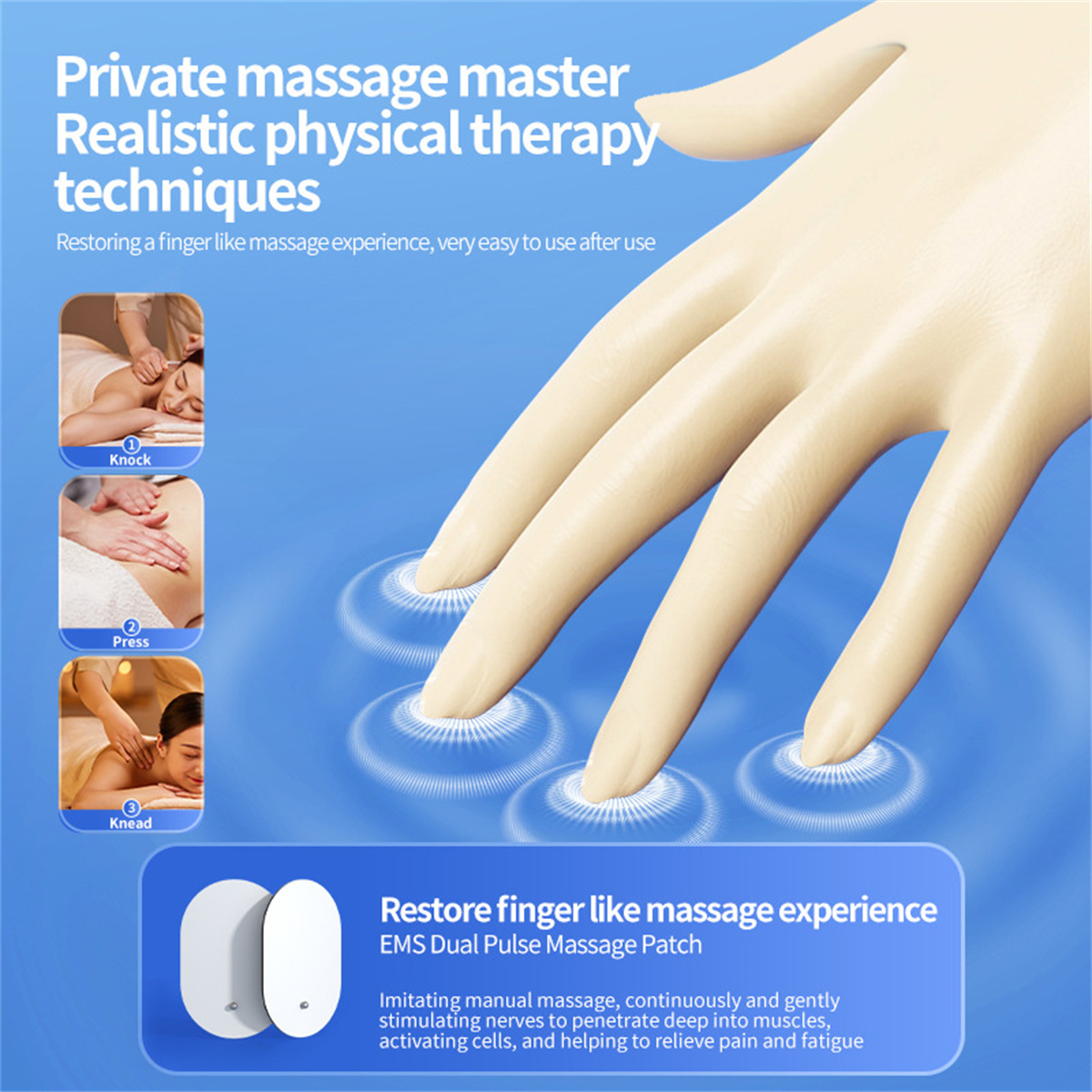 Das Bild zeigt eine Hand, die mit den Fingern auf blaue Kreise drückt. Text wirbt für Massagetechniken und ein Massagepflaster.