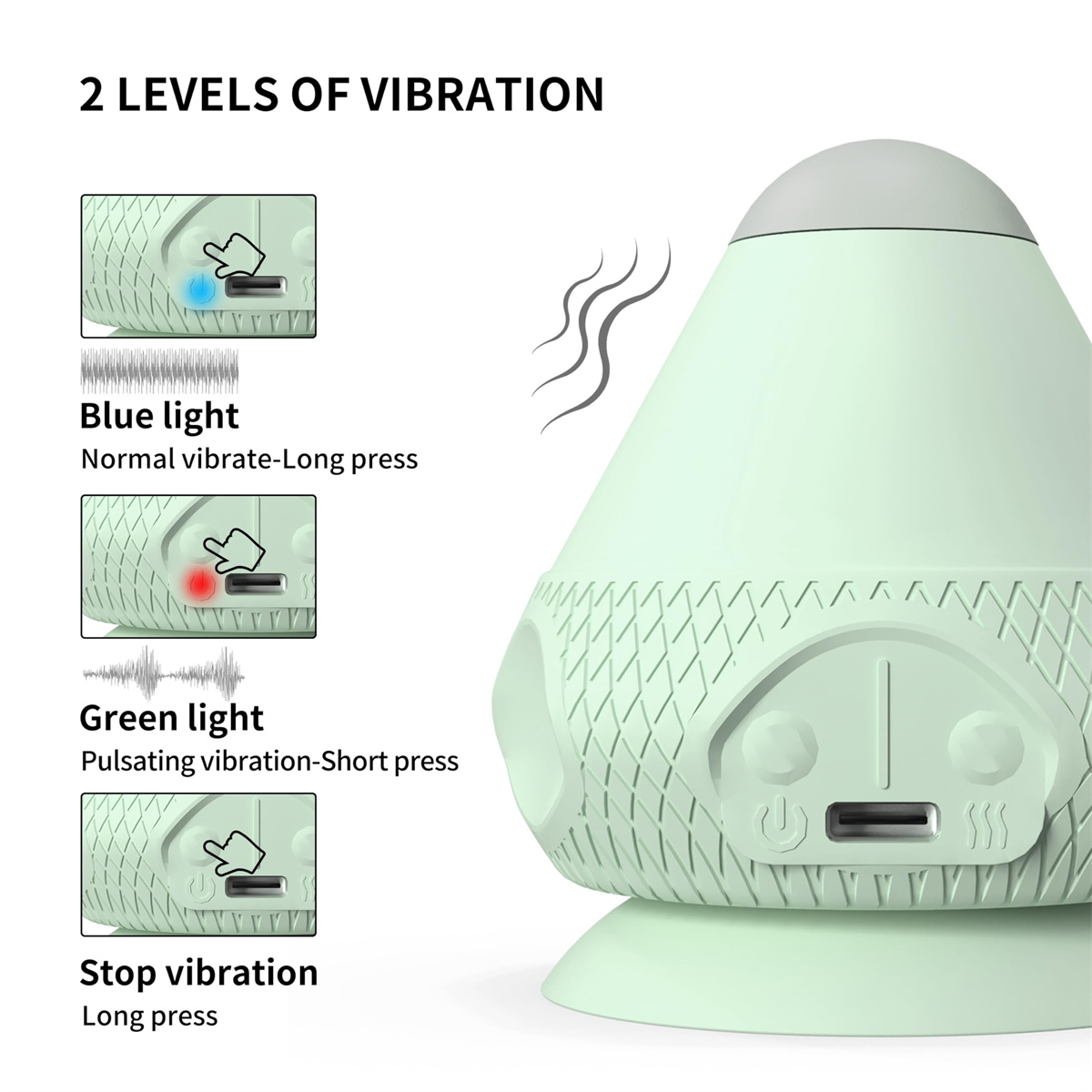 Diagramm eines grünen Geräts mit Vibrationsniveau-Anzeigen. Blaues Licht zeigt normale Vibration an, grün pulsierend, und kein Licht stoppt.