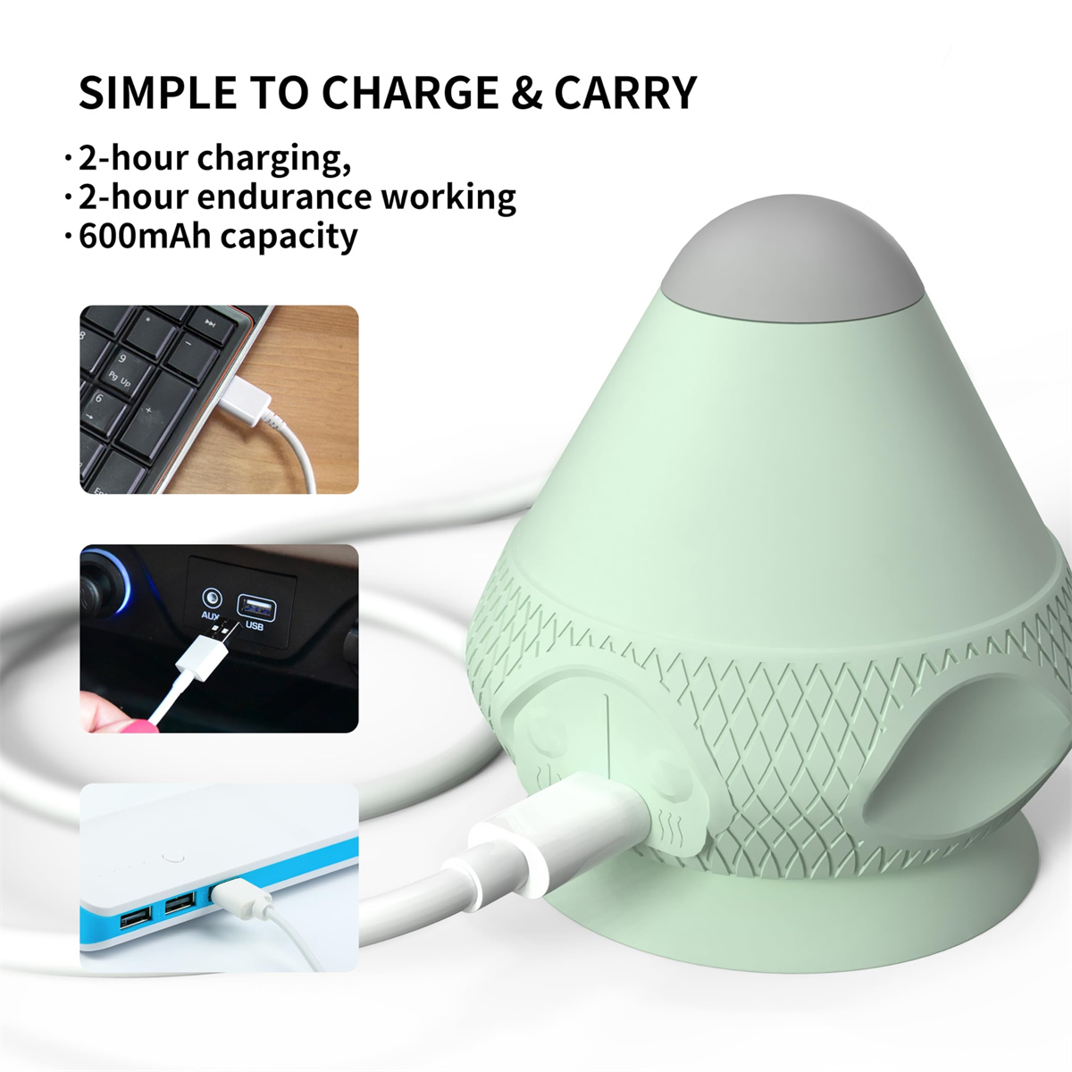 Ein grünes Gerät wird aufgeladen. Zeigt das Aufladen über USB von einer Tastatur, einem Autoanschluss und einer Powerbank. Text: Einfaches Aufladen und Tragen.