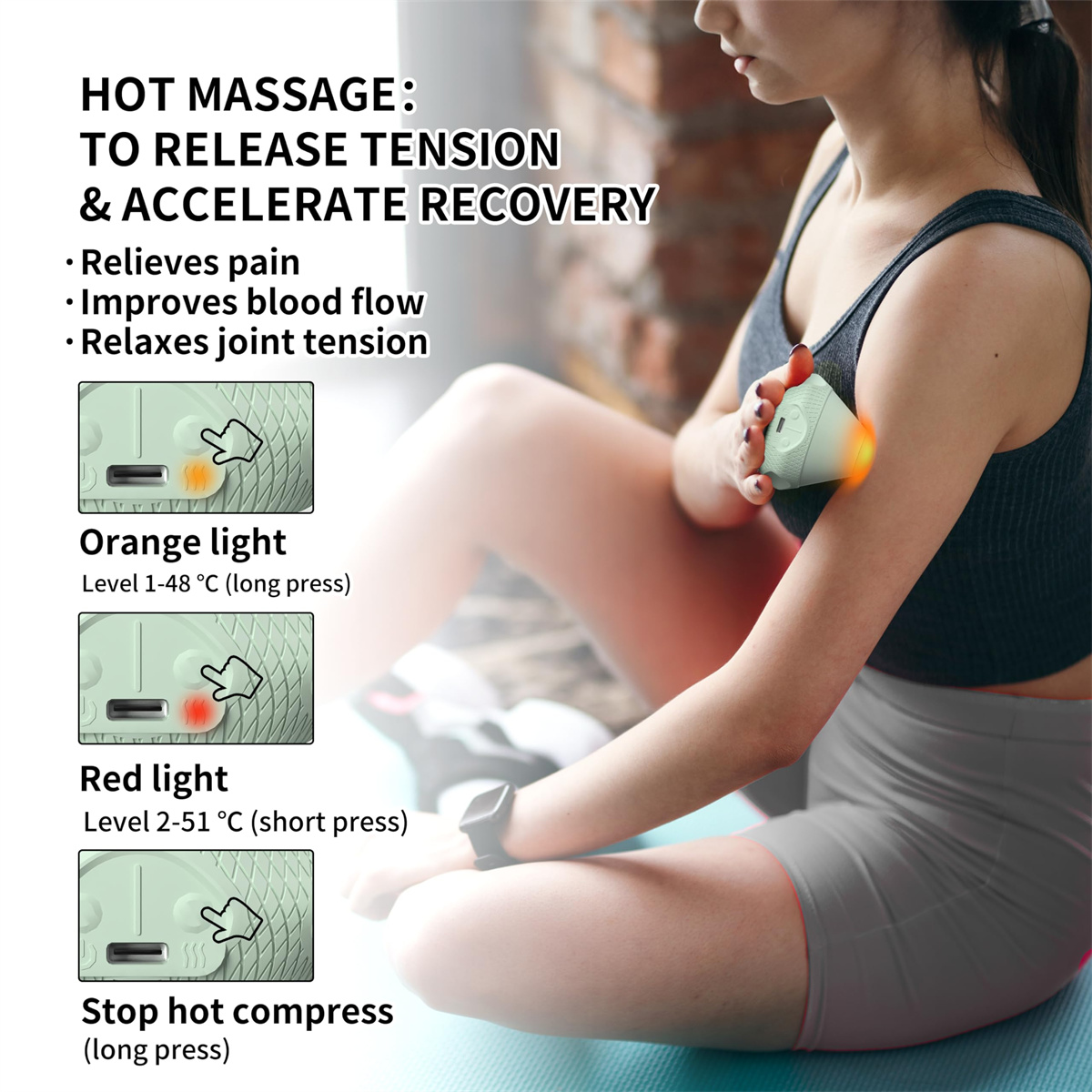 Eine Frau benutzt ein Massagegerät an ihrem Arm. Text hebt Vorteile hervor. Diagramme zeigen orange und rote Lichtstufen. Der Hintergrund ist unscharf.