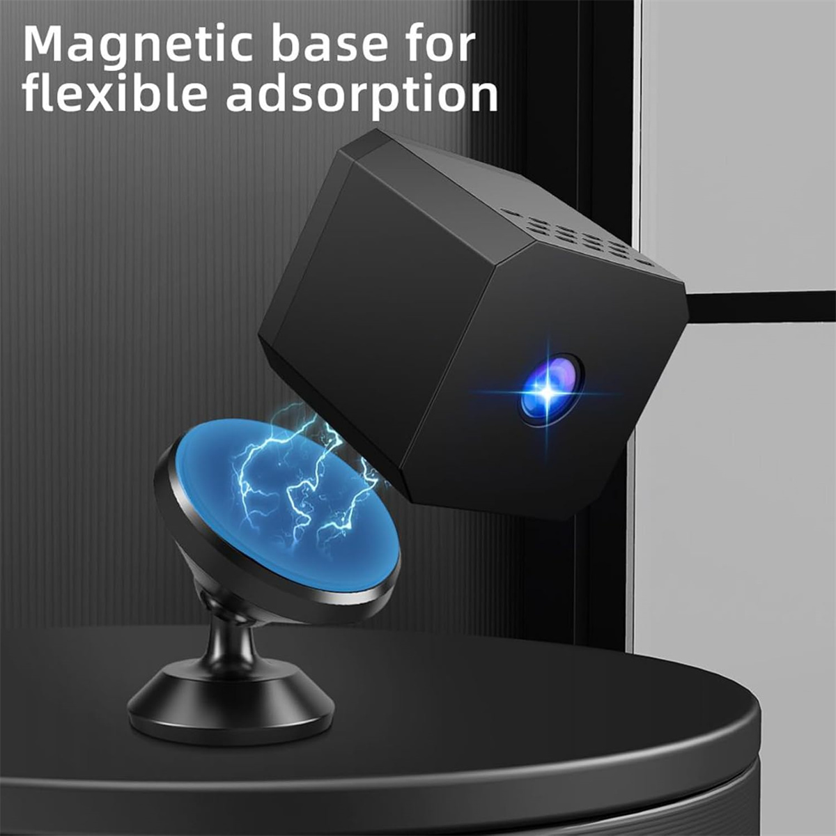 Ein schwarzes quaderförmiges Gerät schwebt über einer magnetischen Basis. Die Basis ist kreisförmig mit blauem Zentrum.
