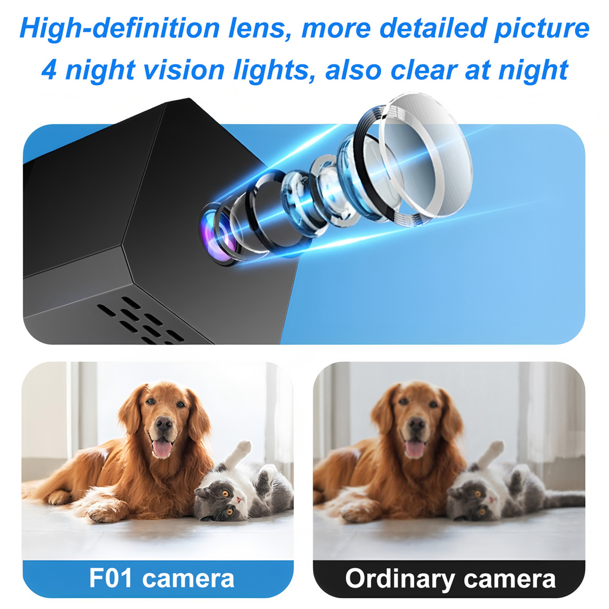 Das Bild vergleicht Kamerafunktionen. Oben: Kameralinse und Text. Unten: Hunde und Katzen, mit den Labels 'F01 Kamera' und 'Gewöhnliche Kamera'.
