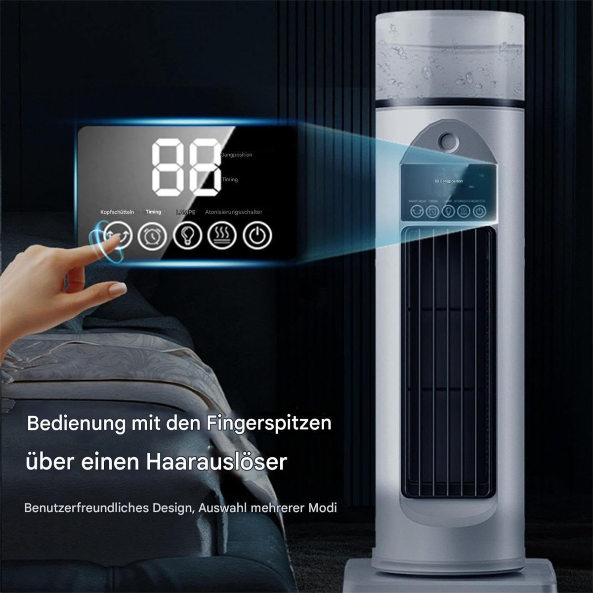 Eine Hand berührt ein digitales Display. Ein Luftreiniger mit Steuerungsmöglichkeiten. Das Display zeigt '88'. Text: 'Bedienung mit Fingerspitzen'.