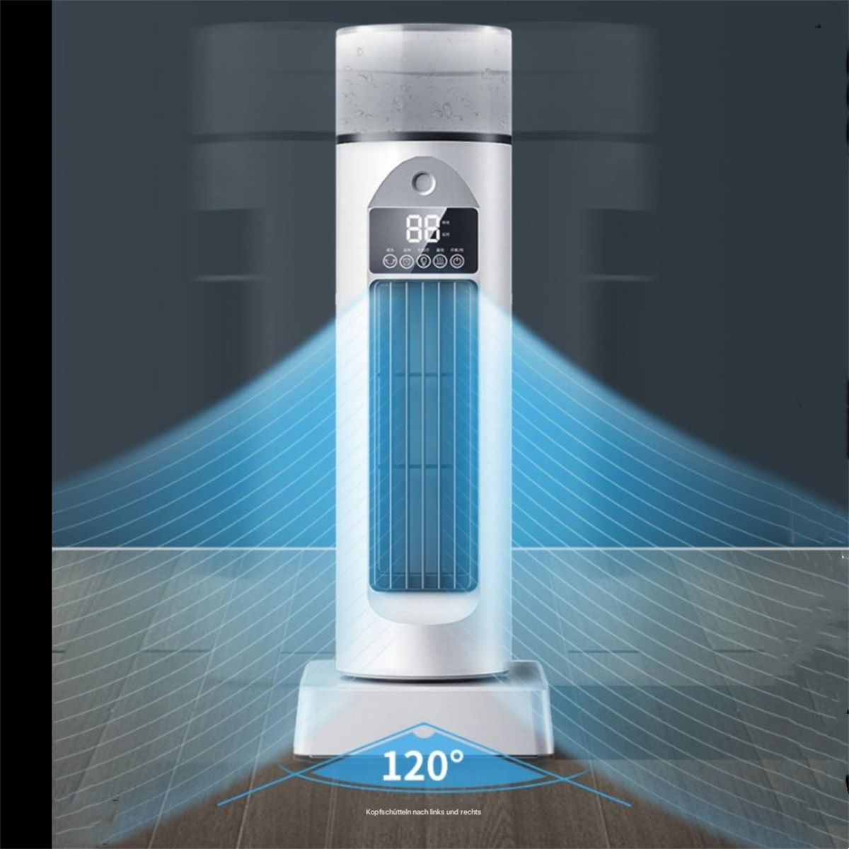 Ein weißer Turmventilator mit Digitalanzeige zeigt 88. Blaue Luft strömt aus. Die Basis zeigt 120 Grad.