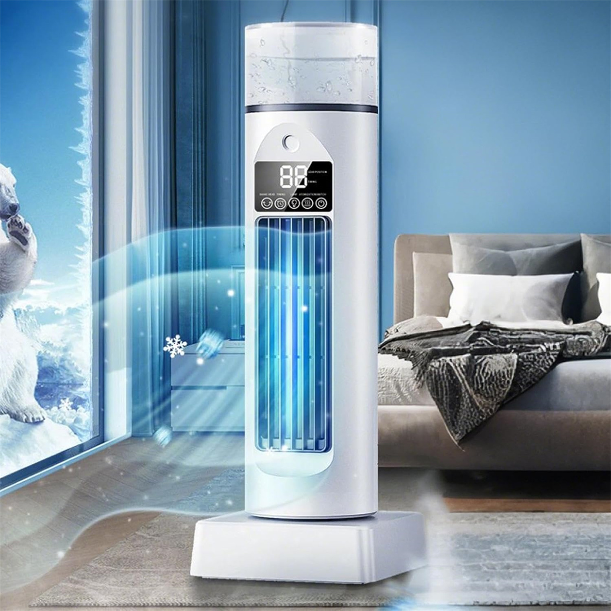 Ein weißer Luftkühler mit Digitalanzeige, der blaues Licht emittiert, steht in einem Raum mit einem Bett und einem Fenster mit Eisbären.