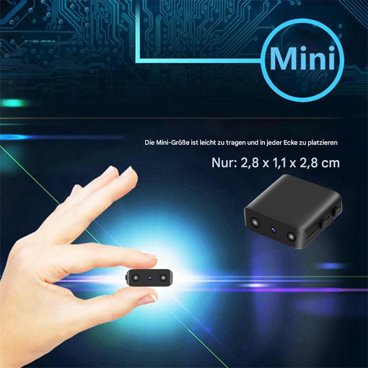 Eine Hand hält ein kleines schwarzes Gerät. Der Text lautet 'Mini' und Abmessungen. Der Hintergrund ist ein Leiterplattendesign.