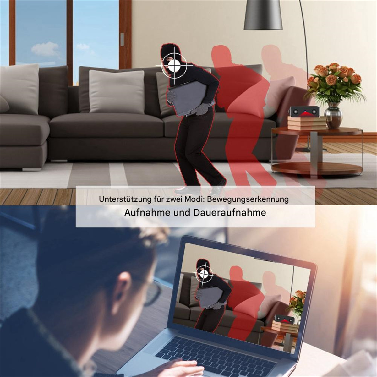 Eine Person mit Laptop wird hervorgehoben, mit Fadenkreuz auf dem Kopf. Laptop-Bildschirm zeigt das gleiche Bild. Deutscher Text vorhanden.