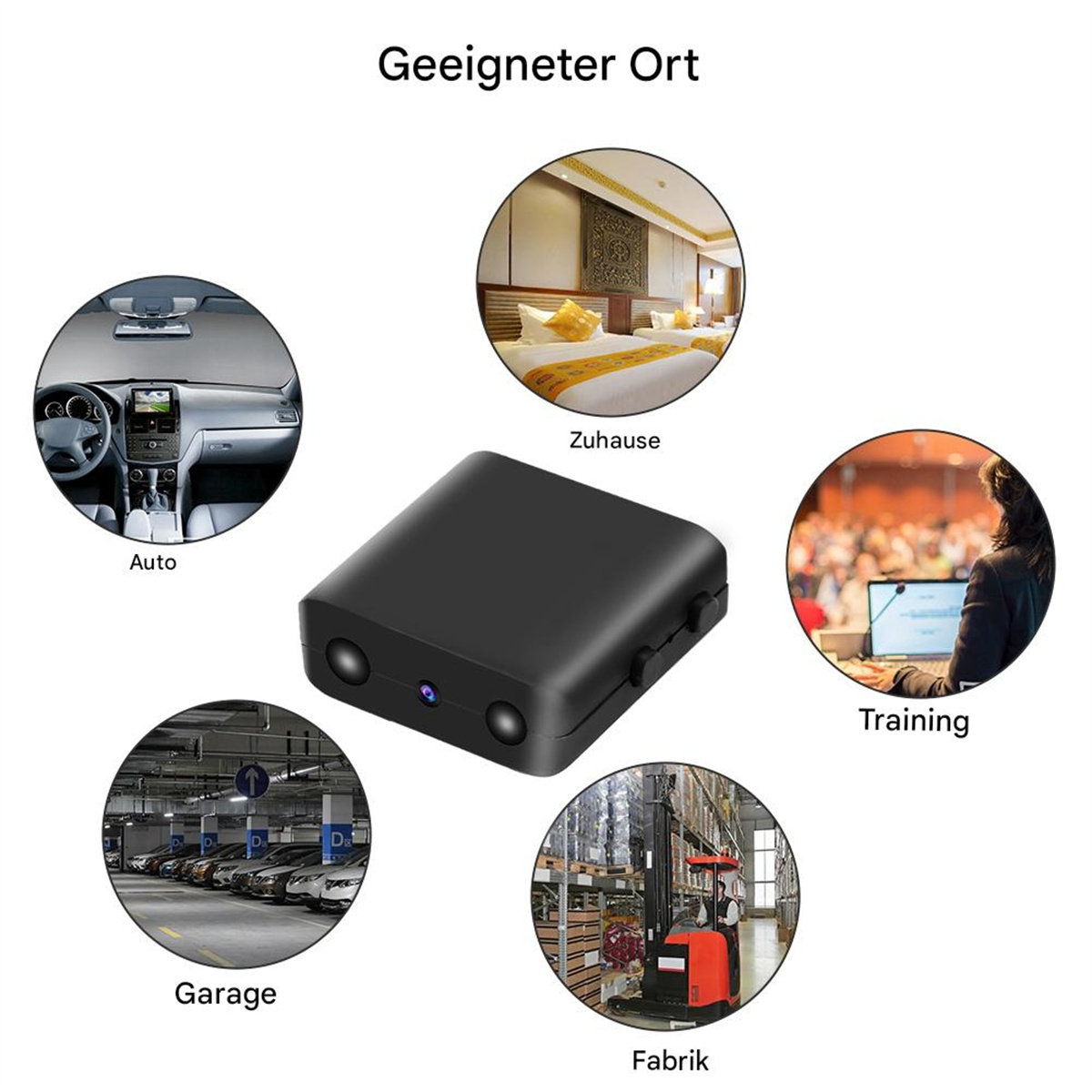 Das Bild zeigt ein schwarzes Gerät, umgeben von Szenen: Auto, Hotelzimmer, Schulung, Garage und Fabrik.