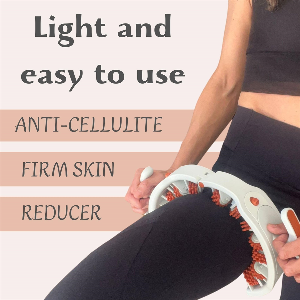 Frau benutzt ein weiß-oranges Cellulite-Massagegerät am Oberschenkel. Text: Anti-Cellulite, straffe Haut, Reduzierer.