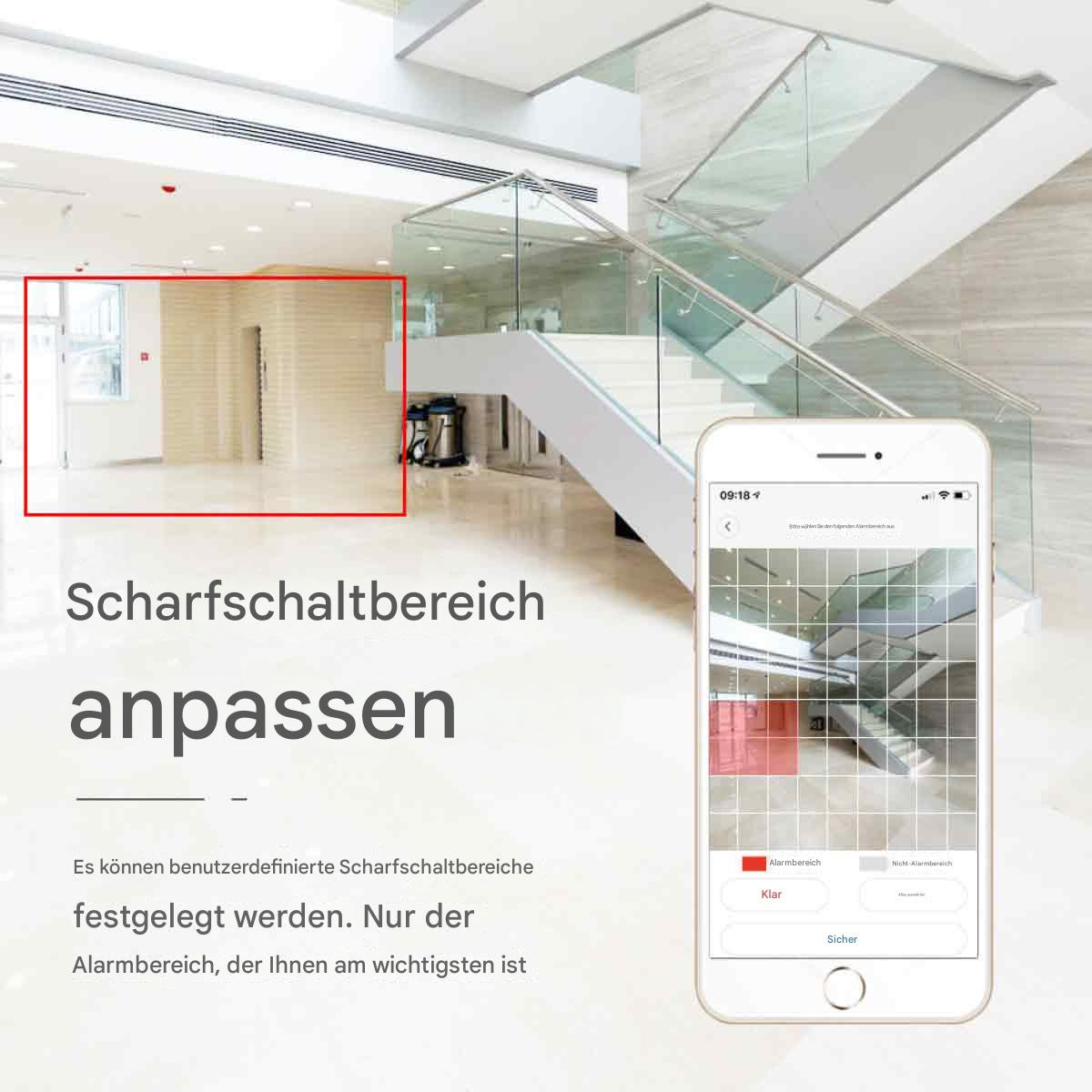 Ein Smartphone zeigt die Benutzeroberfläche eines Sicherheitssystems. Eine Treppe und ein leerer Raum sind sichtbar. Text auf Deutsch ist ebenfalls vorhanden.