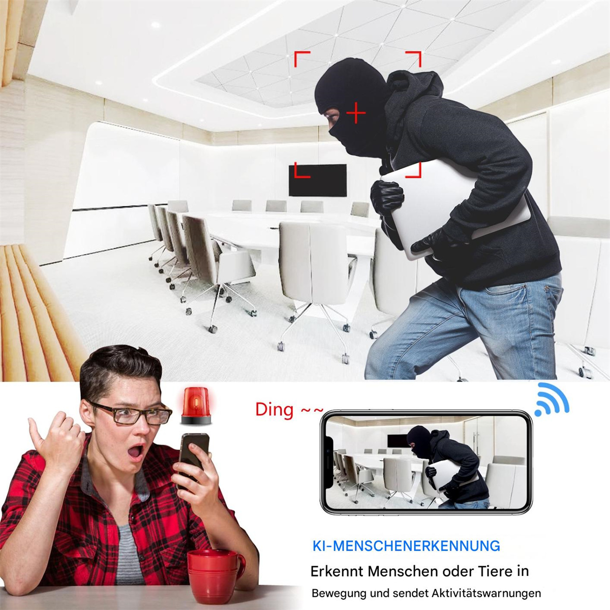 Ein Einbrecher mit Laptop in einem Konferenzraum, auf einem Telefon von einem schockierten Mann neben einem Alarm und einer Tasse gesehen.