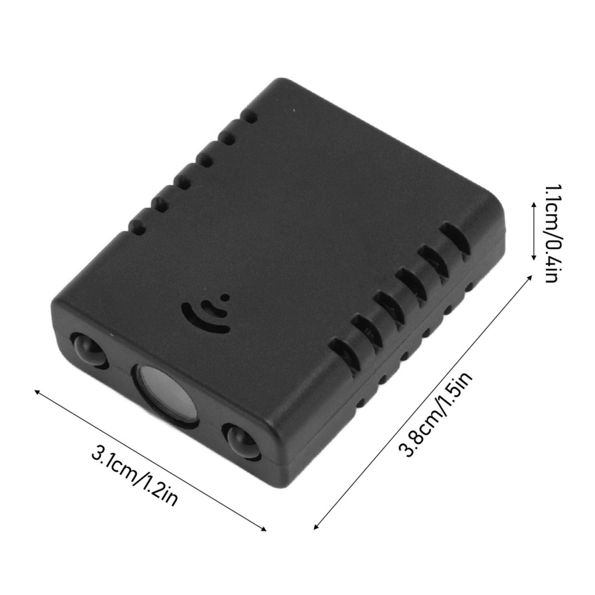 Ein kleines schwarzes rechteckiges Gerät mit beschrifteten Abmessungen. Verfügt über ein Objektiv und ein Funksymbol. Es ist ein kompaktes elektronisches Gerät.