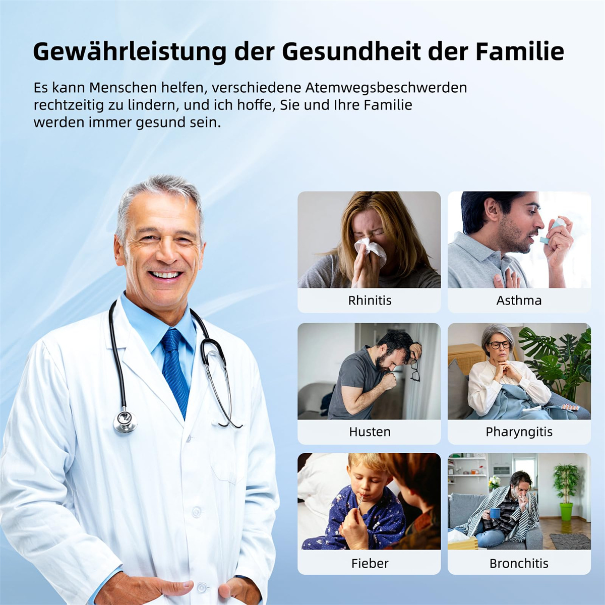 Ein Arzt lächelt neben Bildern von Personen mit Atemwegserkrankungen: Rhinitis, Asthma, Husten, Pharyngitis, Fieber und Bronchitis.