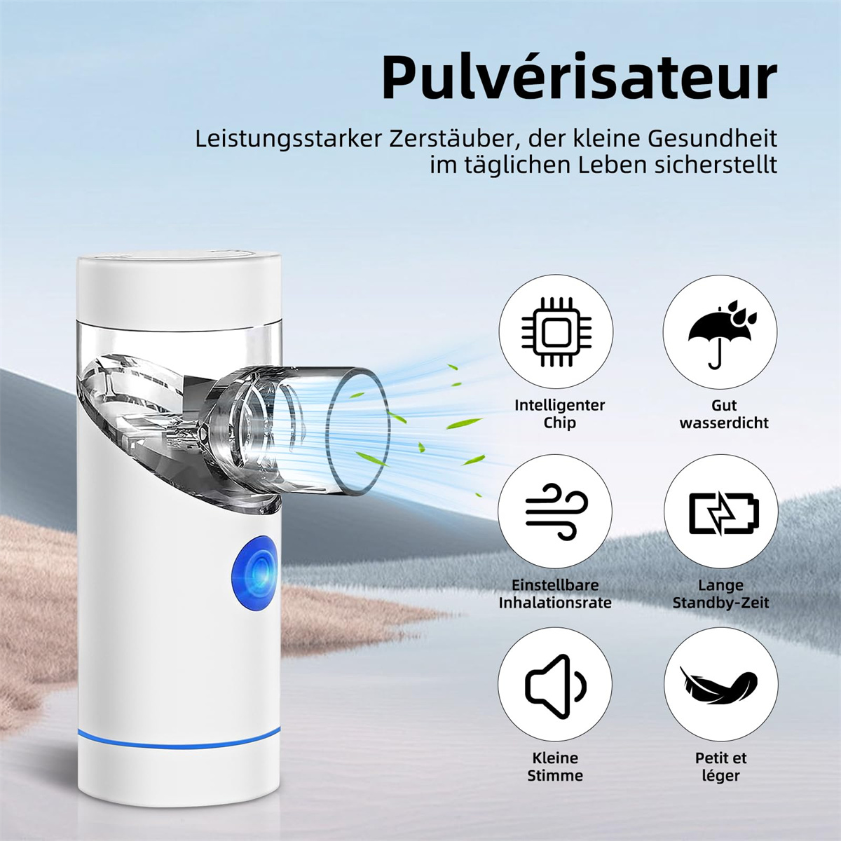Ein weißer und transparenter Vernebler mit blauem Licht und Symbolen: Chip, Regenschirm, Wind, Batterie, Ton, Feder. Text: 'Pulvérisateur'.