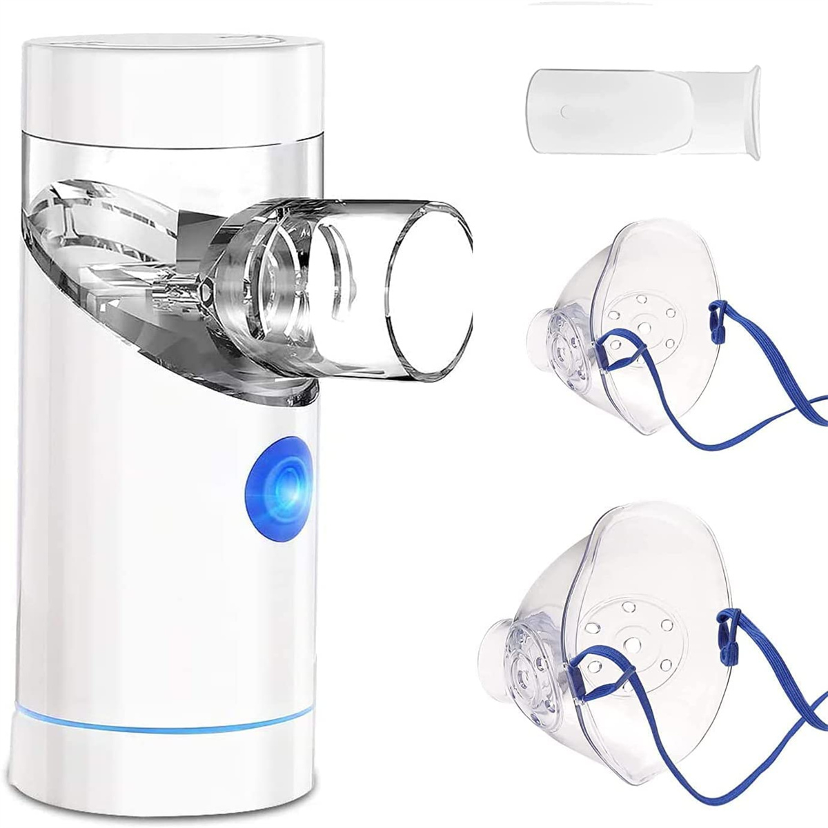 Weißer Vernebler mit klarer Maske und Mundstück. Zwei Masken mit blauen Trägern werden angezeigt. Ein weißes und klares medizinisches Gerät.