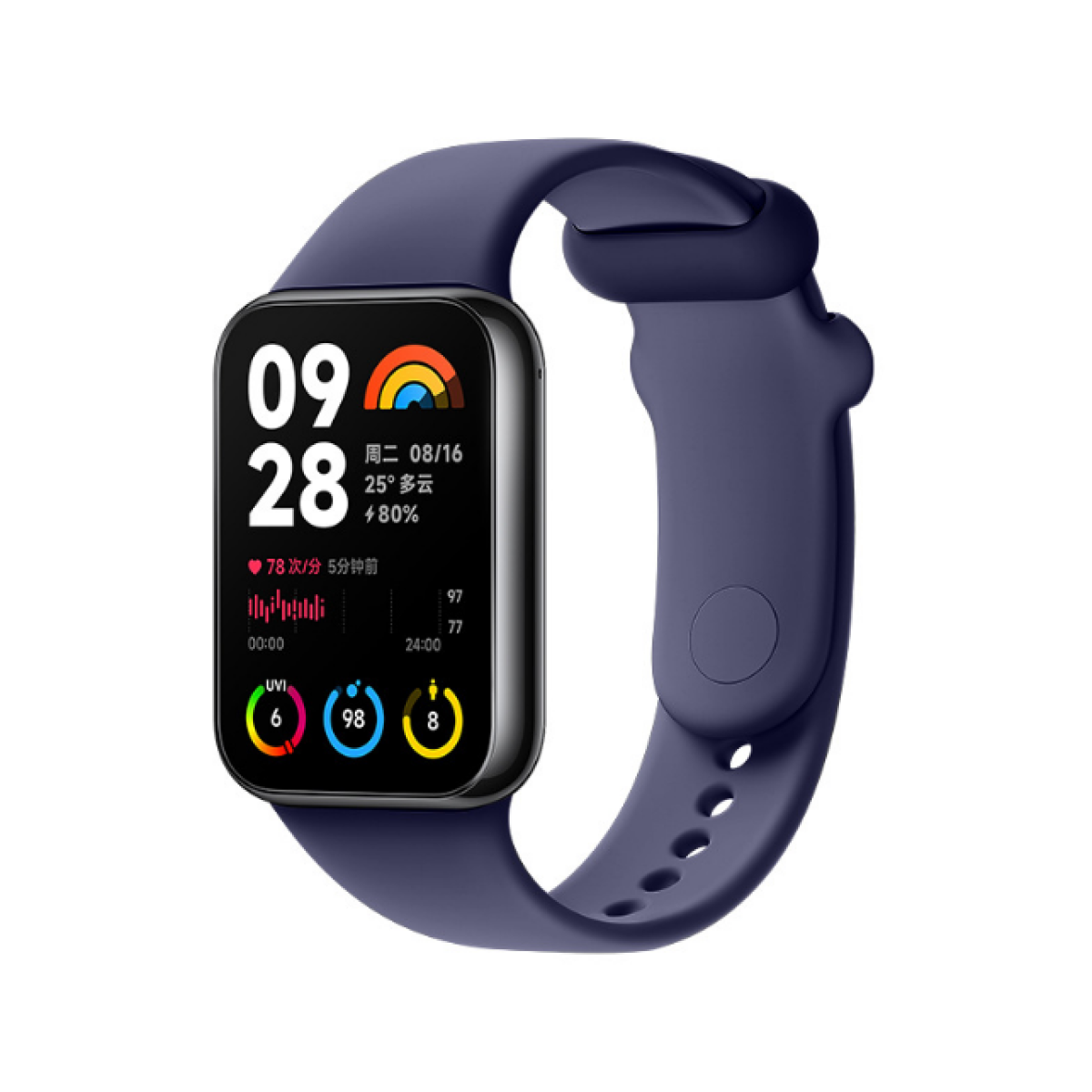 Uno smartwatch blu navy mostra ora e statistiche. Il cinturino è blu. Lo schermo mostra data, meteo e metriche di salute.
