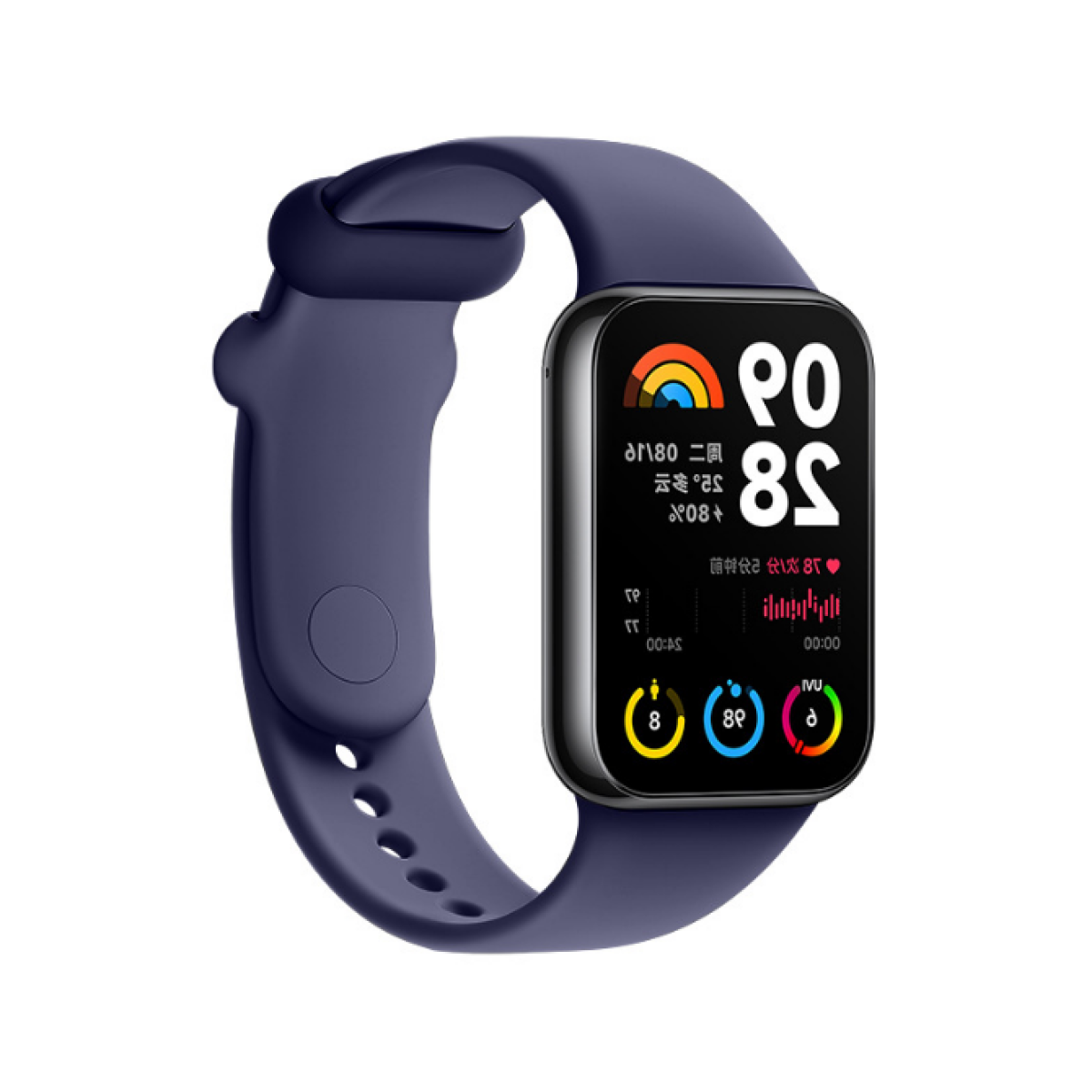 Uno smartwatch blu scuro con schermo rettangolare che mostra dati. Il cinturino è anch'esso blu scuro. Lo schermo mostra varie icone e numeri.