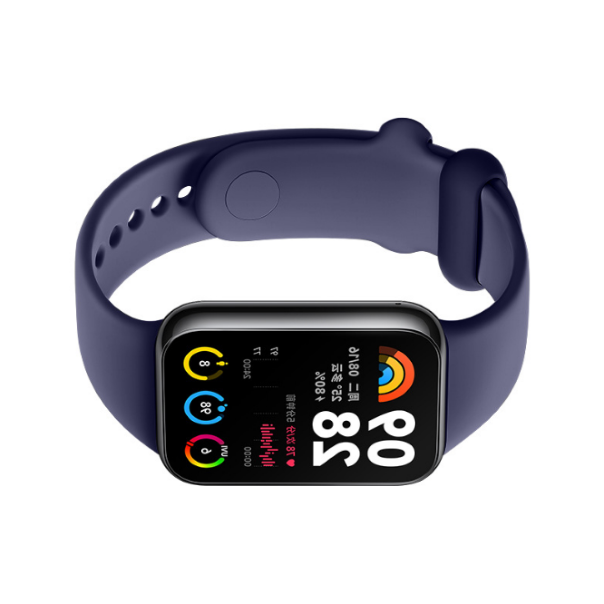 Uno smartwatch blu navy con schermo rettangolare che mostra ora e metriche di salute, su sfondo bianco.
