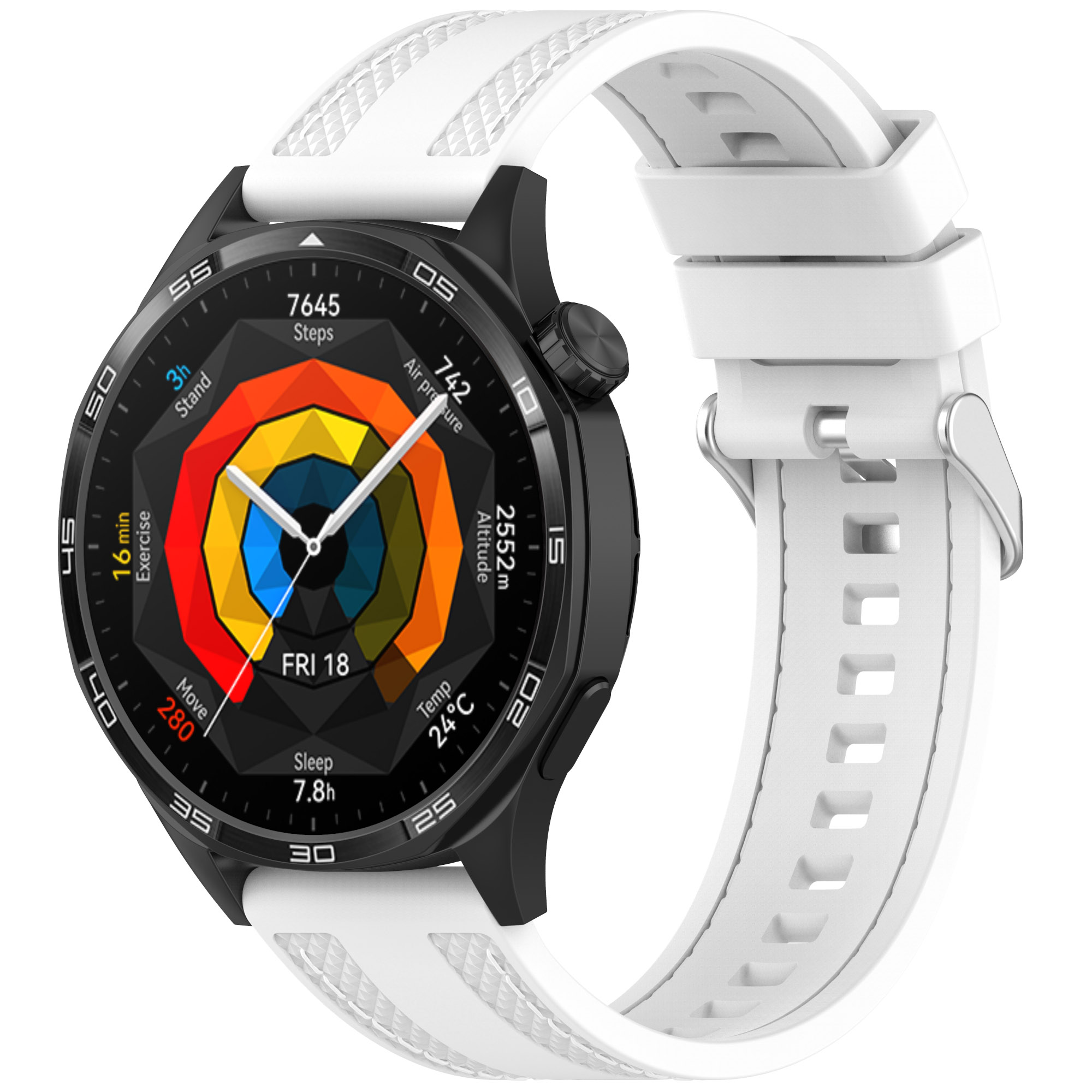 Eine schwarze Smartwatch mit weißem Armband. Das Zifferblatt zeigt Fitnessdaten wie Schritte, Trainingszeit und Schlafdauer an.